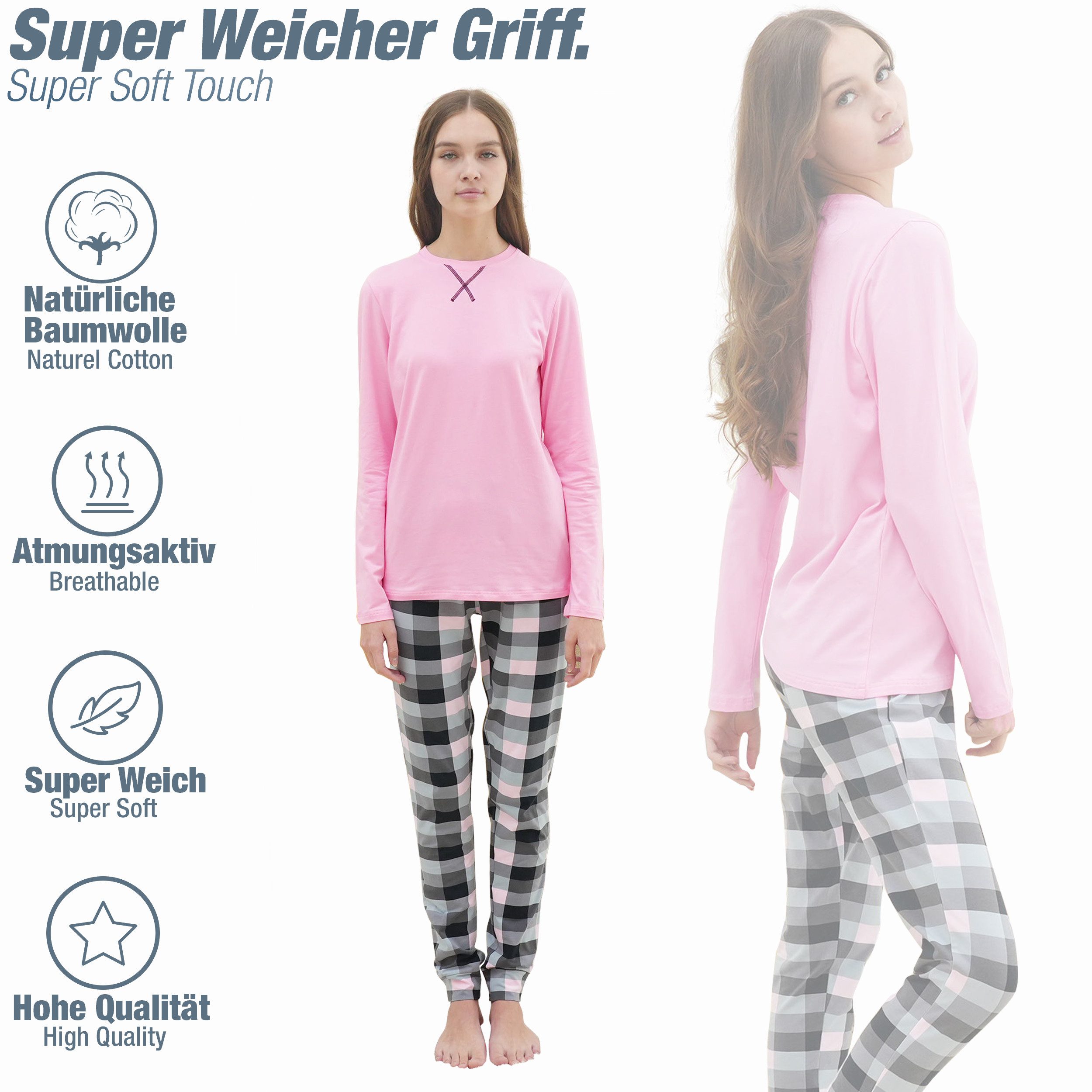 LOREZA Pyjama Mädchen Schlafanzug zweiteilig Set Langarm - Basic Kariert (Set, 2 tlg)