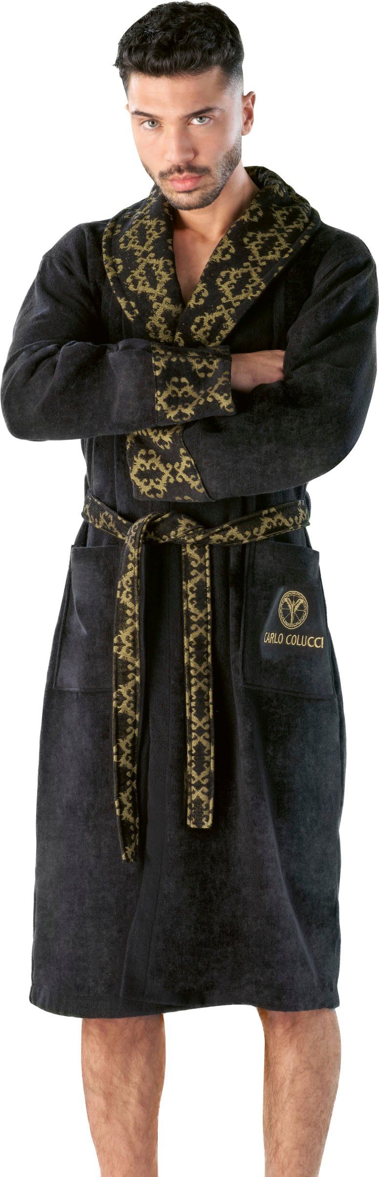 CARLO COLUCCI Herrenbademantel Raffaele, Kurzform, Baumwolle, Schalkragen, Gürtel, goldene Velours-Jacquard-Details an Ärmeln, Kragen und Gürtel