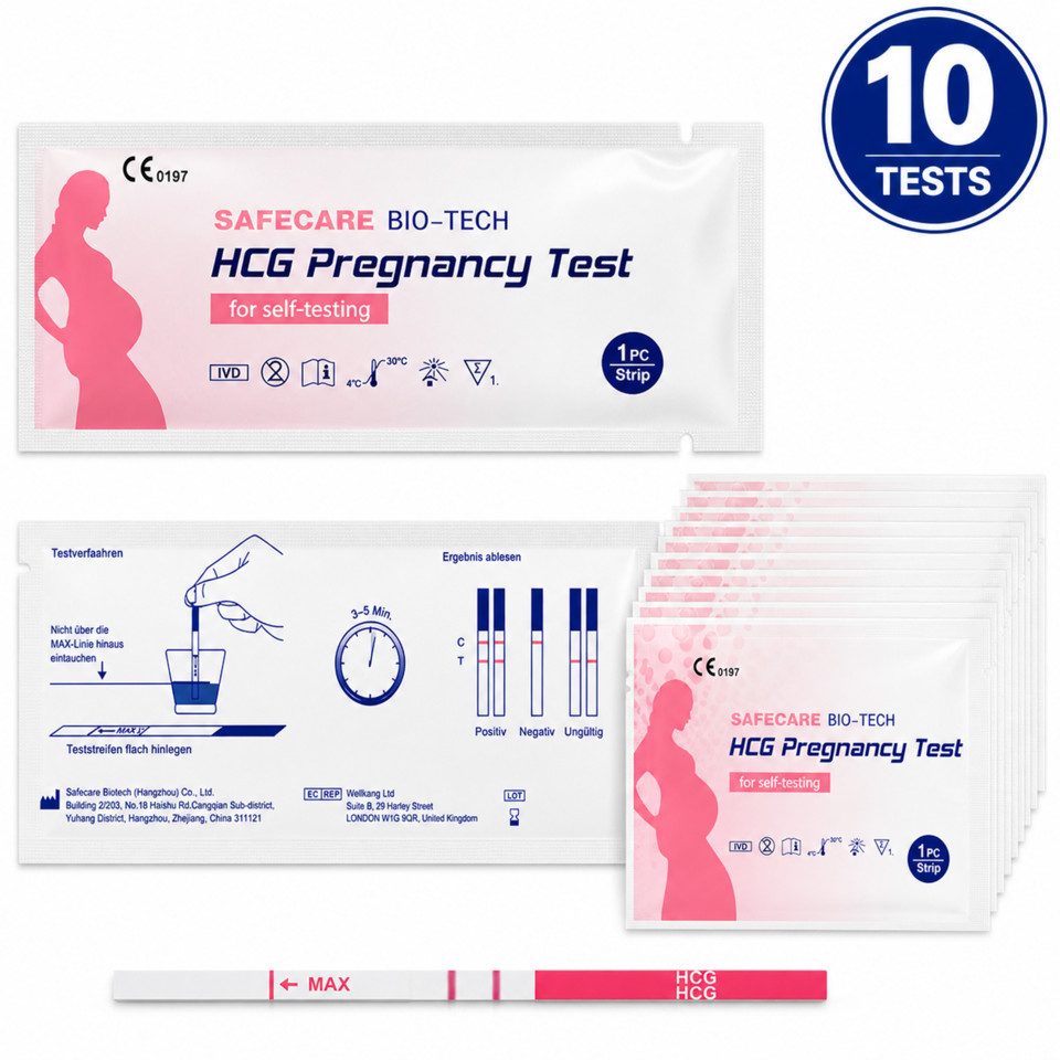 Safecare Bio-Tech Schwangerschaftstest Früh Schwangerschaftests SST - 99% Ergebnisse in 3-5 Minuten, Teststreifen, 10-tlg., Schnelles Ergebnis, einfache Handhabung, hohe Genauigkeit