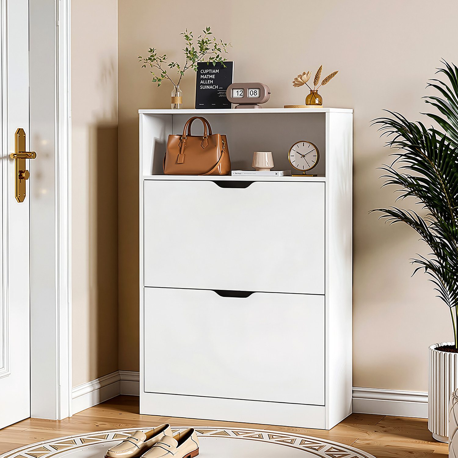 oyajia Schuhschrank Schuhregal mit 2 Klappen und offenes Fach (Trennwand verstellbar, für 9-12 Paar Schuhe, für 9-12 Paar Schuhe) Flur, Diele, Wohnzimmer, Schlafzimmer, 60 x 101.5 x 24 cm (B x H x T)