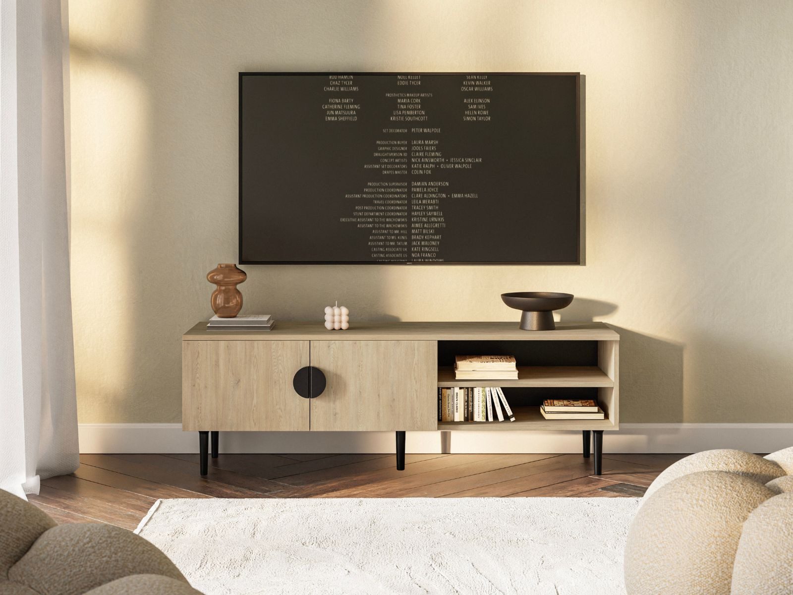 Compleo TV-Schrank 137 cm breit, kleines Wohnzimmer, Eiche cremona, Japandi design OSI