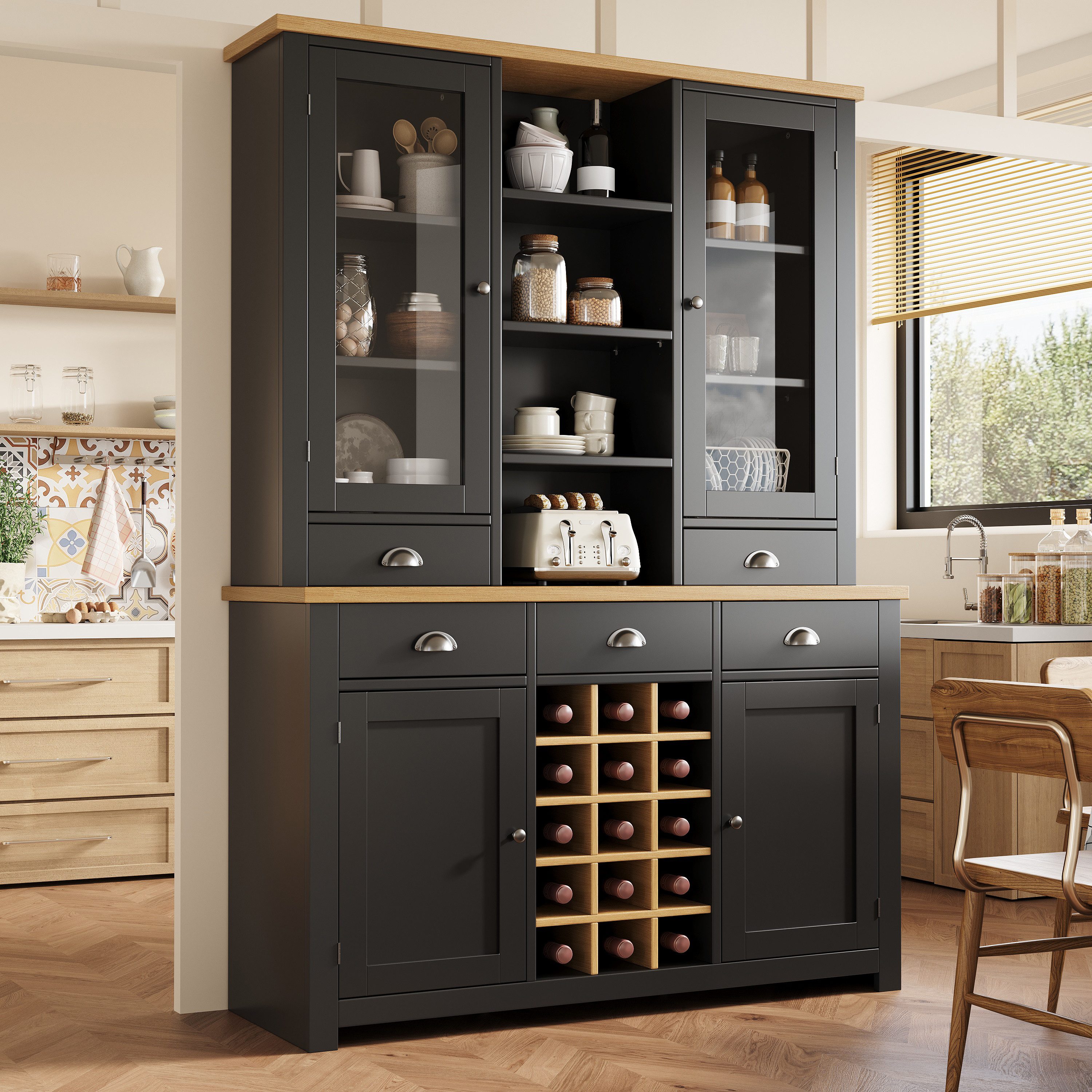 Flieks Küchenbuffet mit Arbeitsplatte in Holzoptik Natur, Glastüren und Weinregal (1-St., B120/T40/H185 cm) Hochschrank Küchenschrank Geschirrschrank mit verstellbarer Ablagen