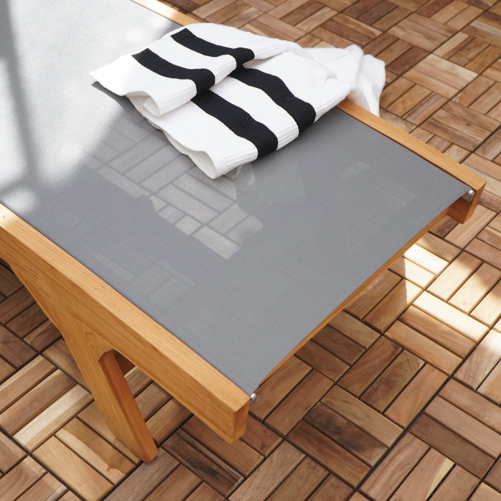 More2Home Gartenliege LABOBO, Teak, Textilgeflecht grau, verstellbar