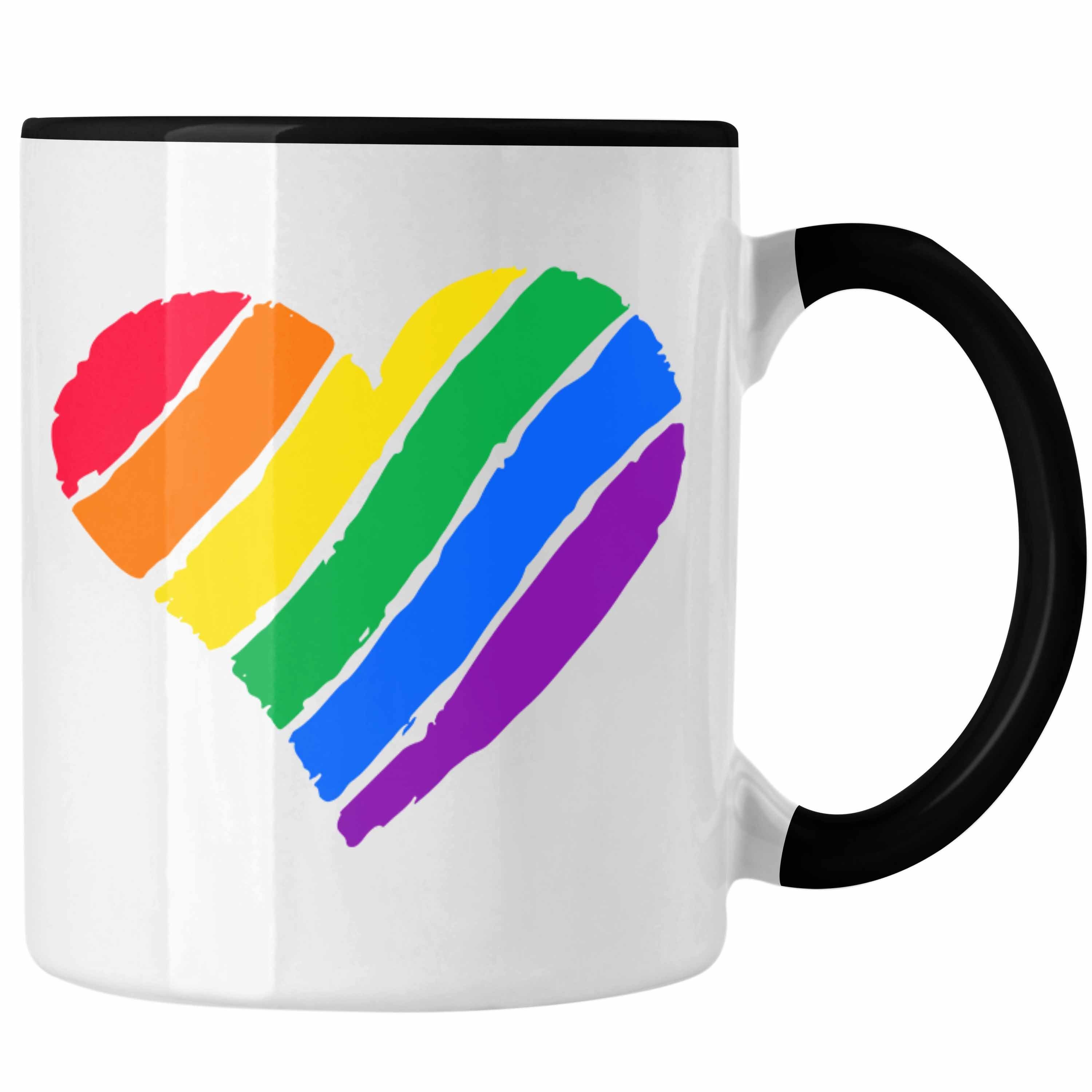 Trendation Tasse Trendation - Regenbogen Tasse Geschenk LGBT Schwule Lesben Transgender Grafik Pride Herz Schwarz