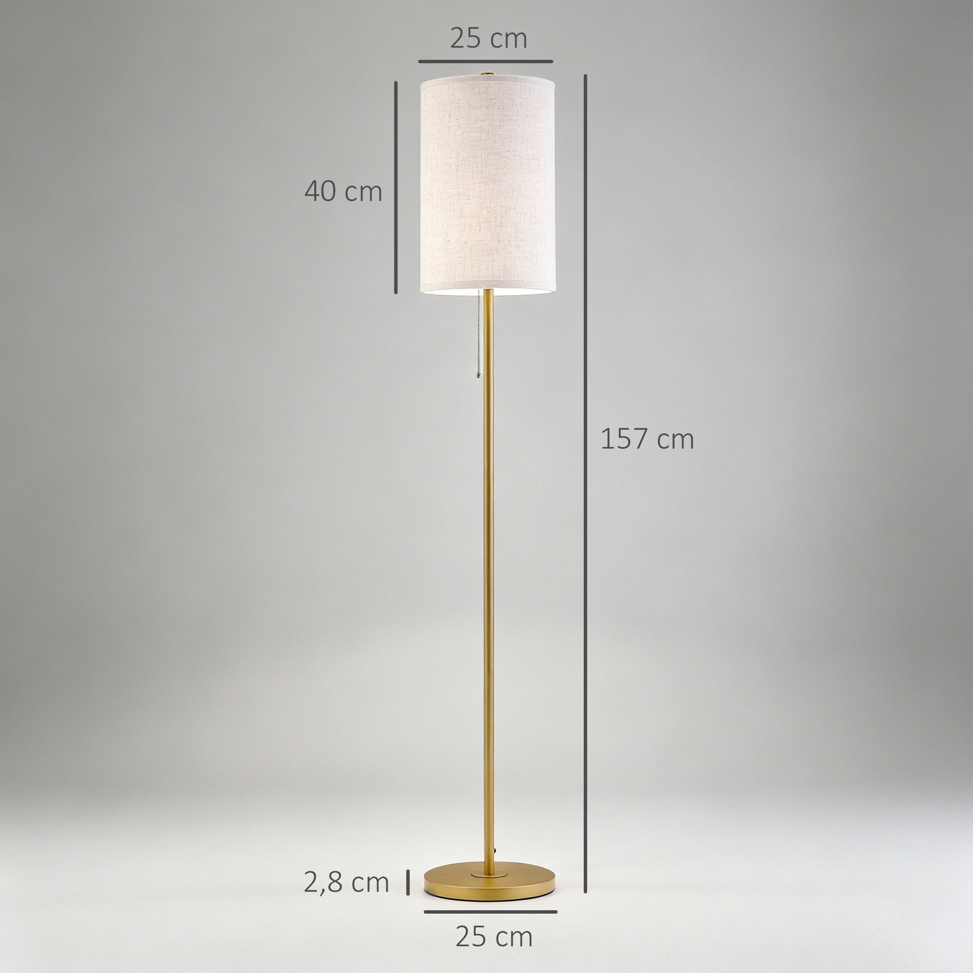 HOMCOM Stehlampe Wohnzimmer Stehleuchte mit Leinen Lampenschirm, Zugkettenschalter, Ein-,Ausschalter, ohne Leuchtmittel, mit Stahlständer, E27 Fassung Standlampe für Schlafzimmer, Cremeweiß