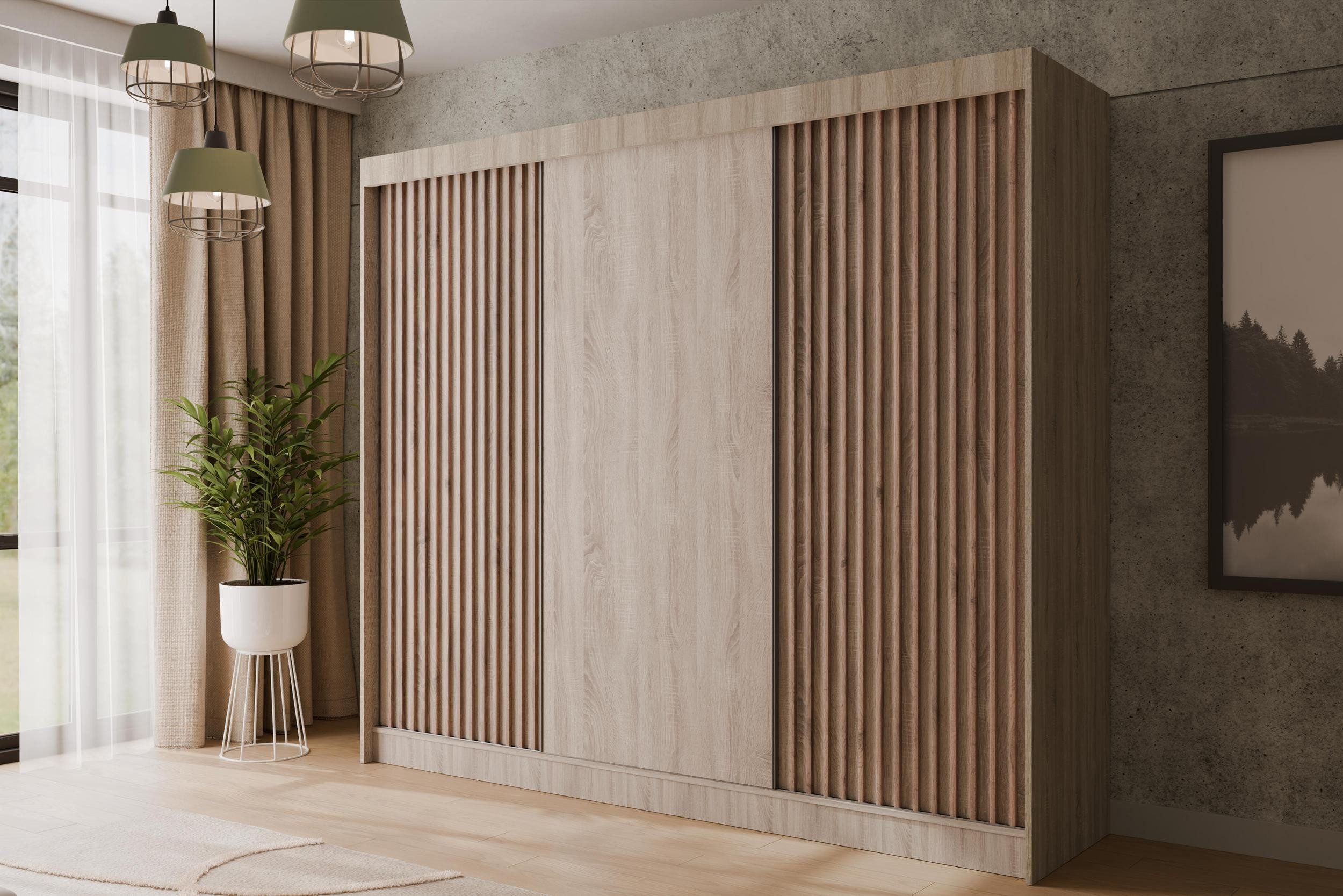 ALTDECOR Schiebetürenschrank VILANv2 (Kleiderschrank Garderobenschrank mit viel Stauraum Moderner Schrank) Vielseitiger Schwebetürenschrank Lamellen LED Beleuchtung