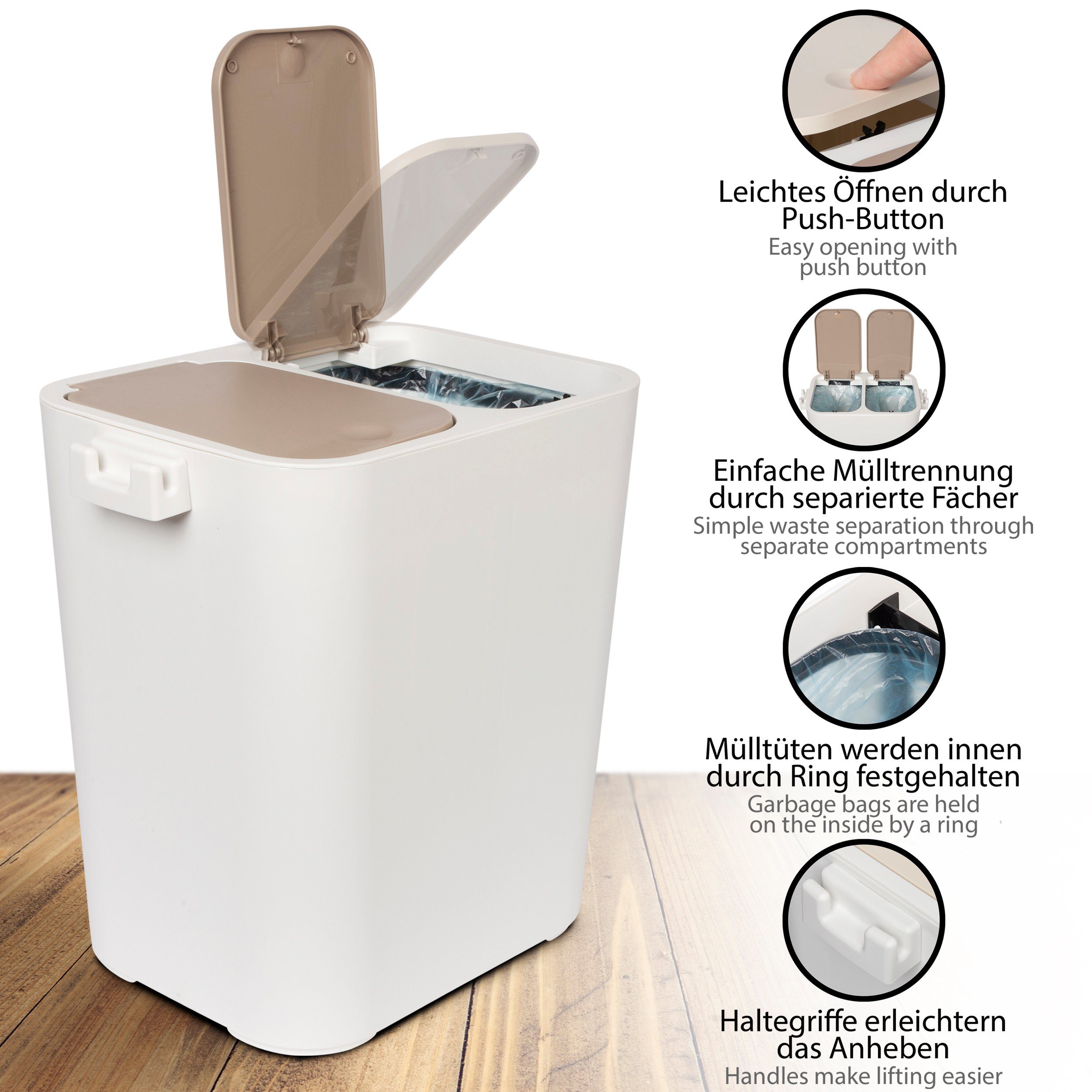 ONVAYA Mülltrennsystem Abfalleimer Ben, Mülltrennung mit mehreren Fächern, Mülleimer Küche