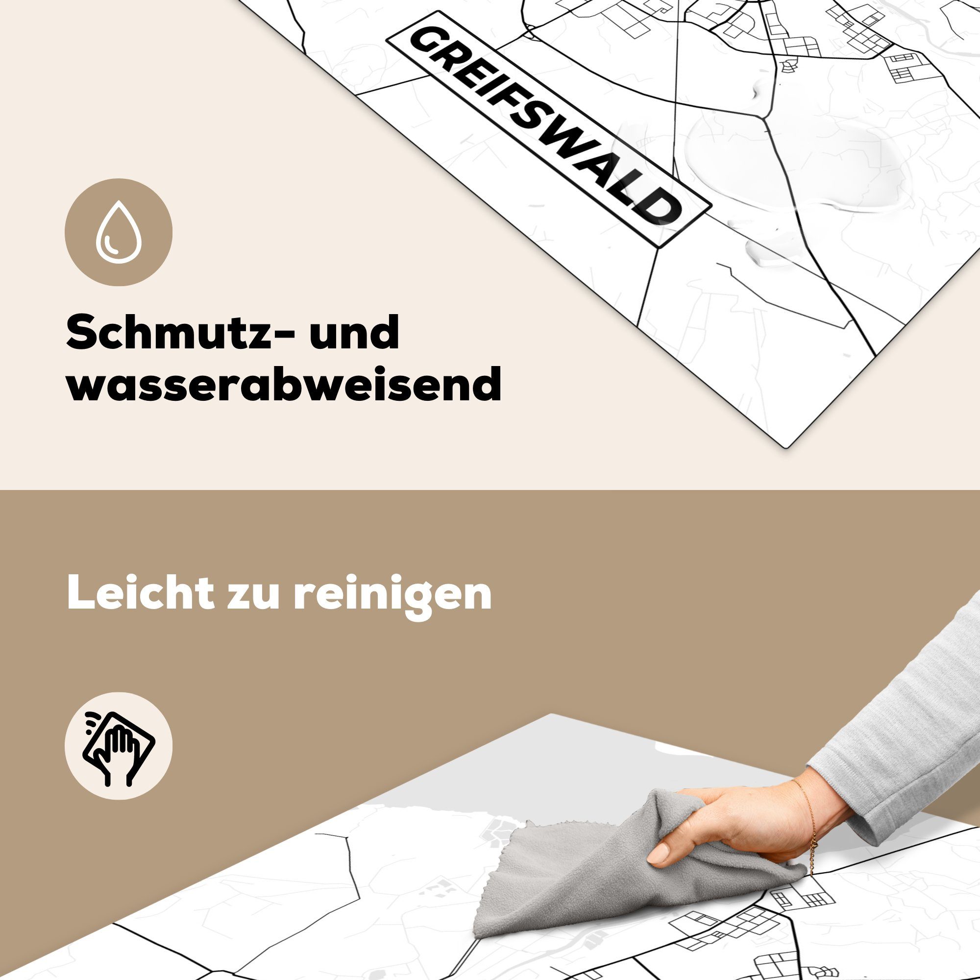 - - 78x78 Greifswald Karte Arbeitsplatte küche cm, Ceranfeldabdeckung, MuchoWow Vinyl, für (1 Stadtplan, tlg), Herdblende-/Abdeckplatte