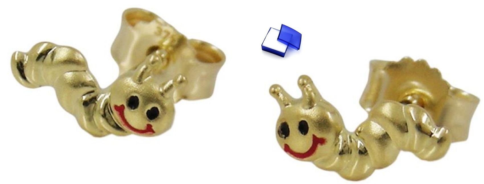 unbespielt Paar Ohrstecker Kinderohrringe Ohrstecker 4 x 8 mm Wurm matt glänzend farbig 375/000 Gold 9 Karat inklusive Schmuckbox, Goldschmuck für Kinder