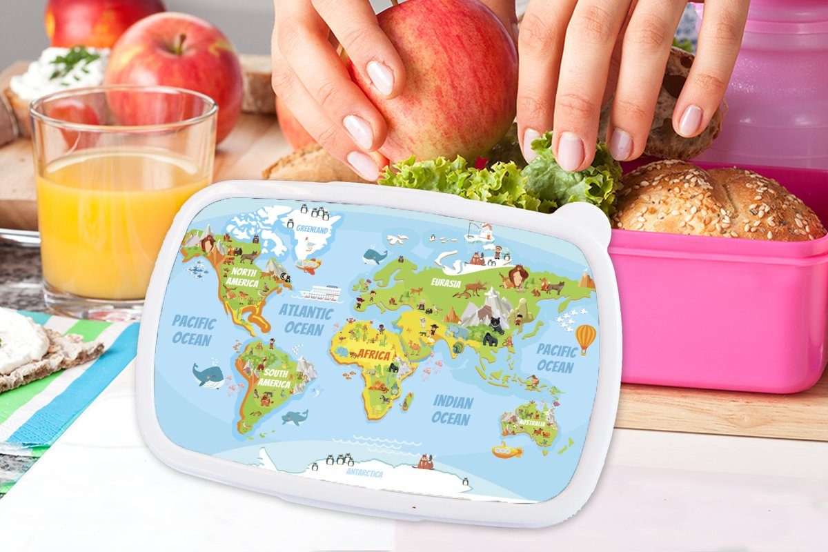 MuchoWow Lunchbox Weltkarte - Tiere, Kunststoff - Brotbox für Snackbox, rosa (2-tlg), Kunststoff, Mädchen, Erwachsene, Kinder, Kinder Brotdose