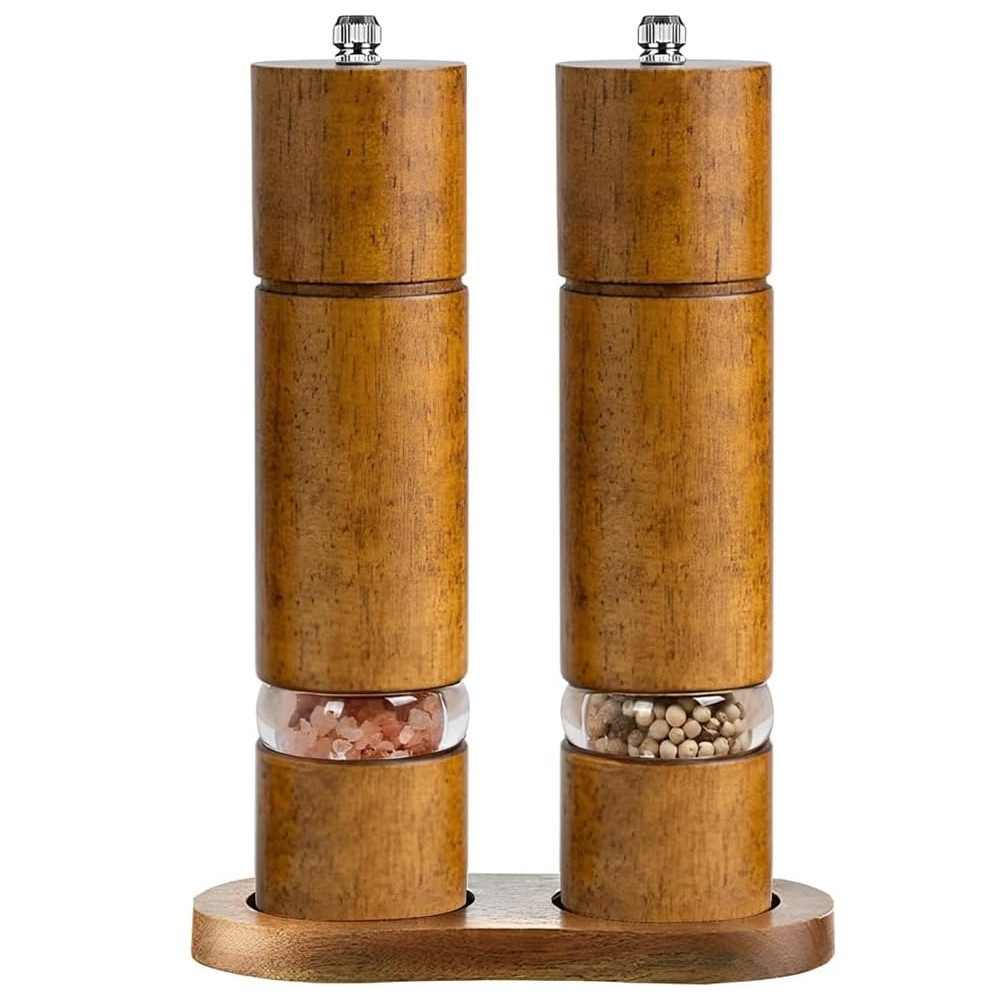 TUWENA Pfeffermühle Manuelles Salz- und Pfeffermühlen 2er Set, Holz Gewürzmühle mit Basis, (2 Stück), Salz und Pfeffermühle Keramikmahlwerk Einstellbare Feinheit Retro