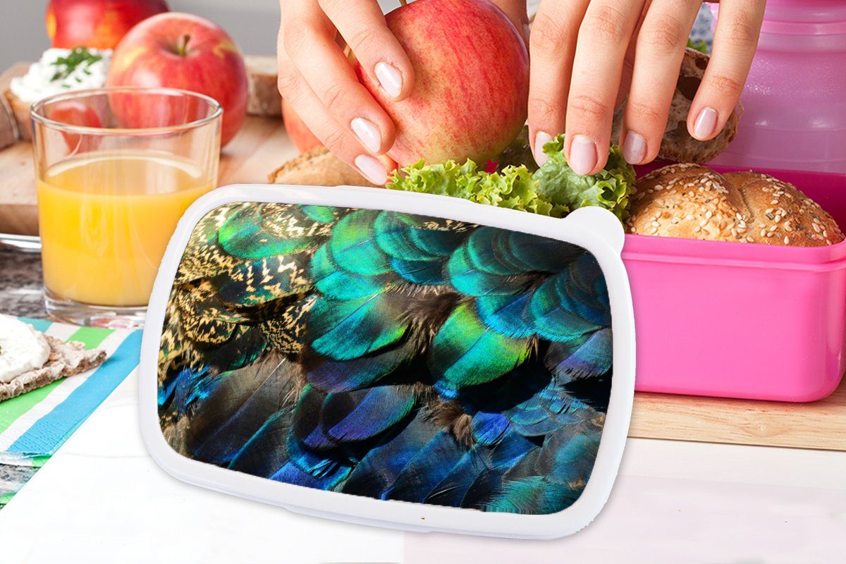 MuchoWow Lunchbox Federn - Pfauenfedern Brotdose Kunststoff Erwachsene, - Pfau - - Blau Snackbox, für (2-tlg), rosa Kinder, Kunststoff, Brotbox Mädchen, Kunst