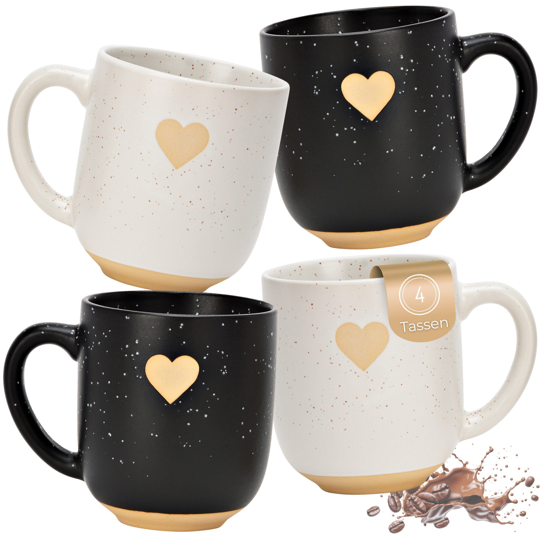matches21 HOME & HOBBY Tasse Kaffeetassen 4er Set in Schwarz & Weiß mit Herz, 4-tlg., Keramik, Steingut-Tassen im Landhausstil 300 ml