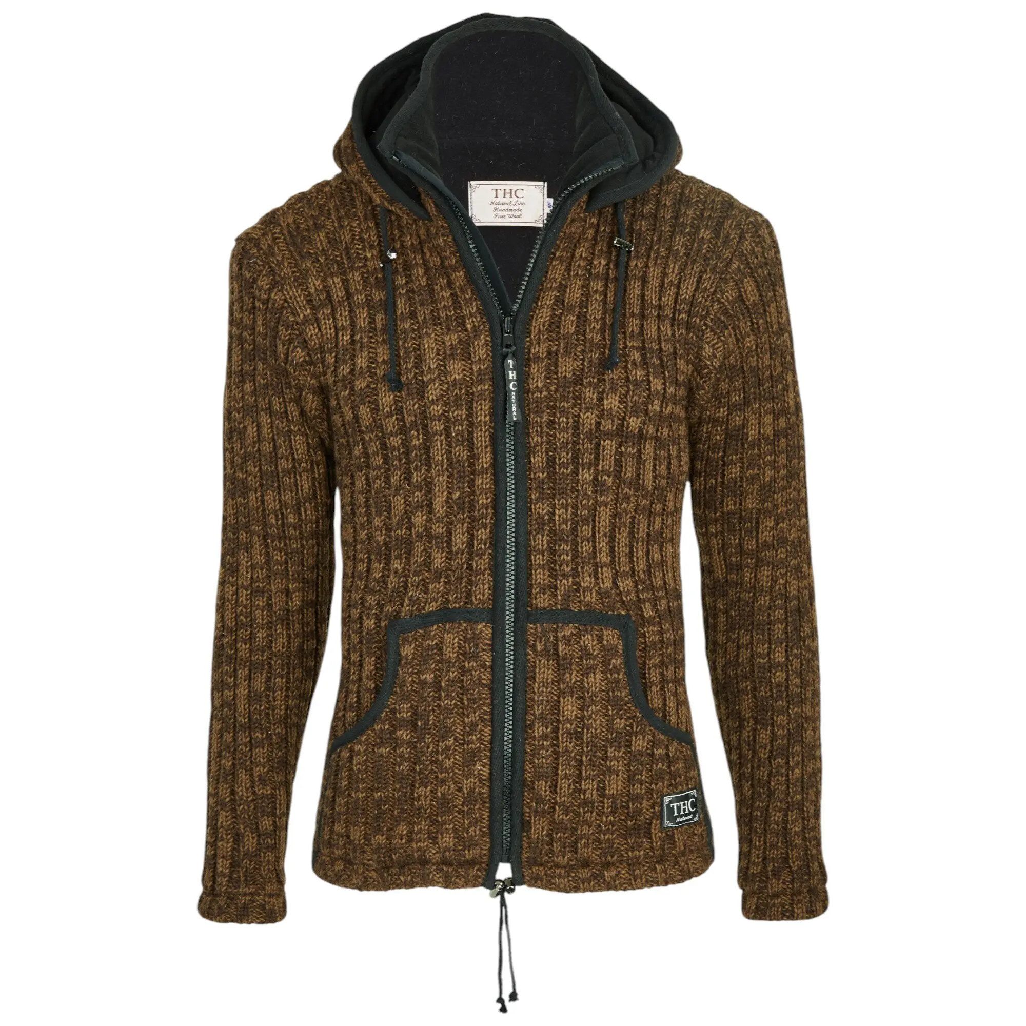 THC Natural Line Strickjacke THC Schafwollstrickjacke braun 718 (1 Stück, 1-tlg., 1 Stück) Strickjacke mit abnehmbarer Kapuze