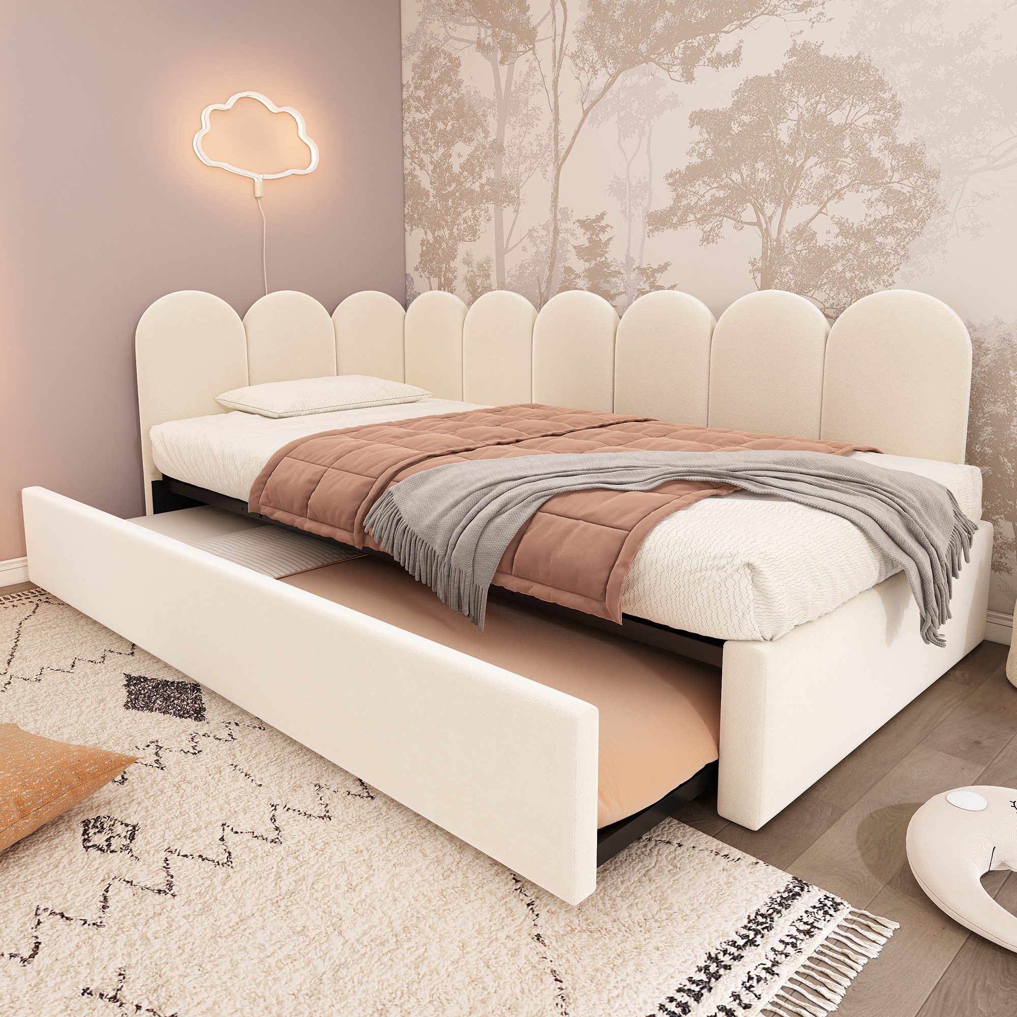 Merax Daybett 90x200cm mit Ausziehbett 90x190cm (1 tlg), Polsterbett Samt Tagesbett Kinderbett Schlafsofa mit Lattenrost