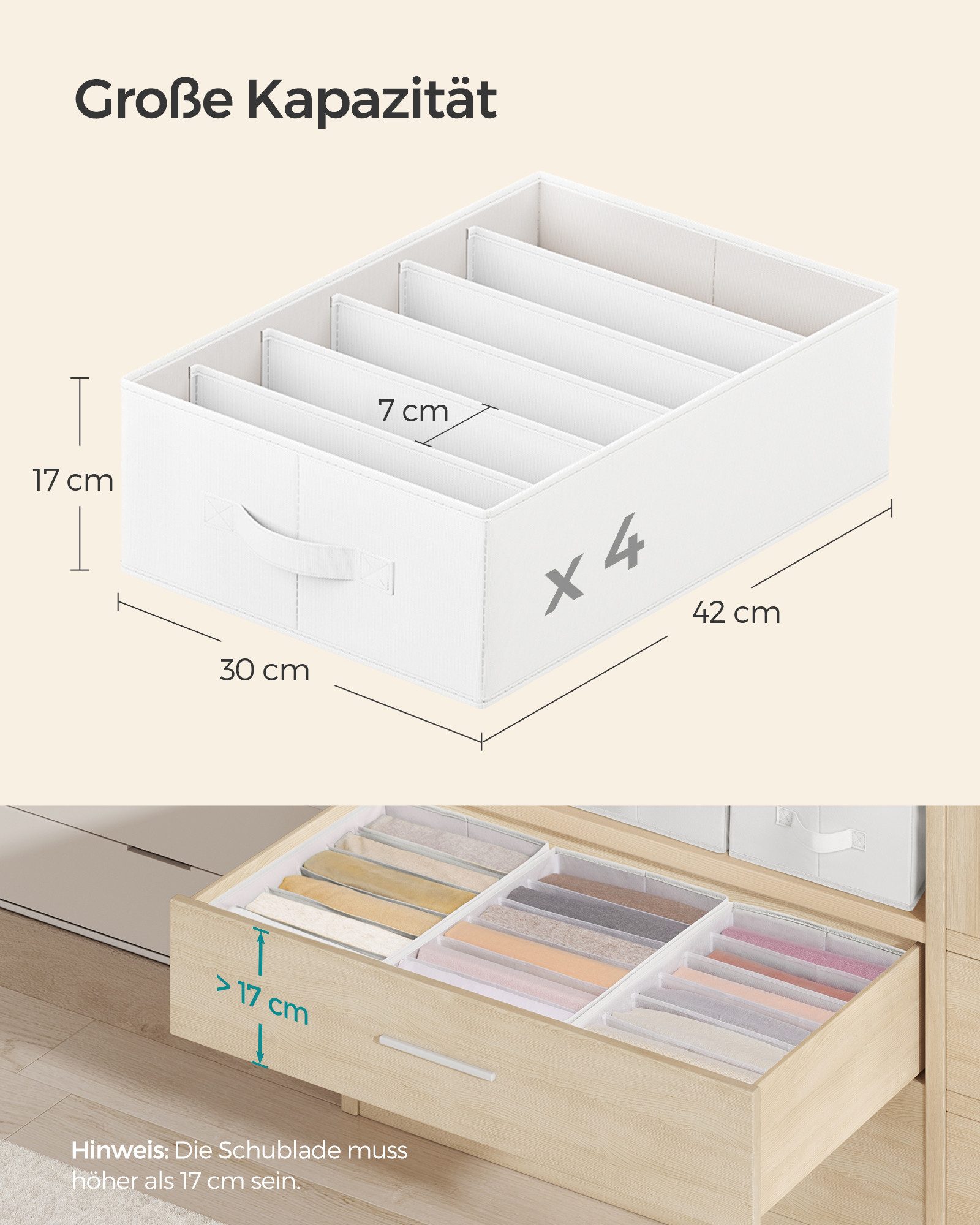 SONGMICS Aufbewahrungsbox Schubladen-Ordnungssystem, Kleiderschrank-Organizer, 42 x 30 x 17 cm (4 St), 6 Fächer, Schubladen-Ordnungssystem, Ordnungsboxen faltba – Bild 4 von 5