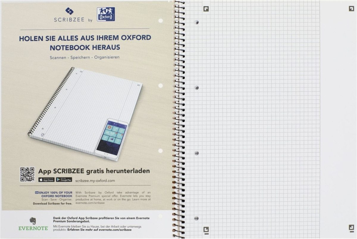 OXFORD Notenblock Collegeblock A4+ kariert 80 Blatt 4-fach gelocht gelb