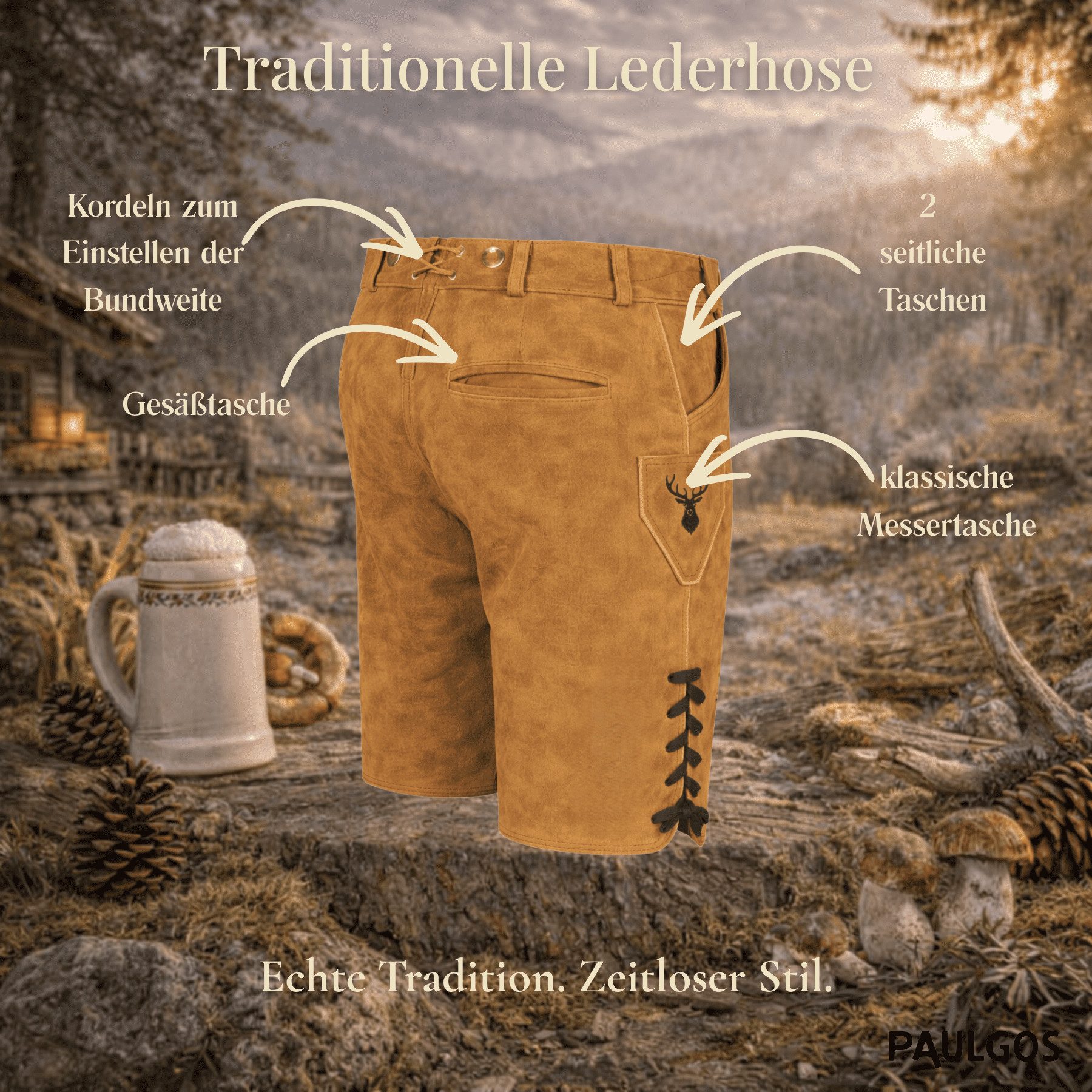 PAULGOS Trachtenhose Herren Lederhose Kurz mit Trägern 100% Echtleder - HK5 günstig online kaufen