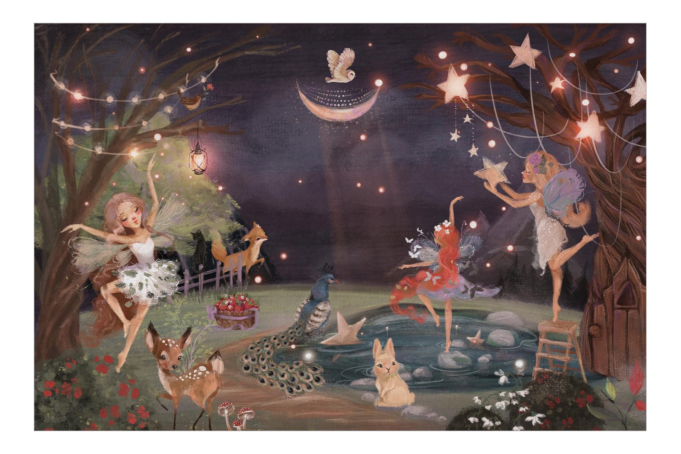 Bilderdepot24 Kindertapete Nacht Garten Feen Aquarell Wald Kinder Natur Lan günstig online kaufen