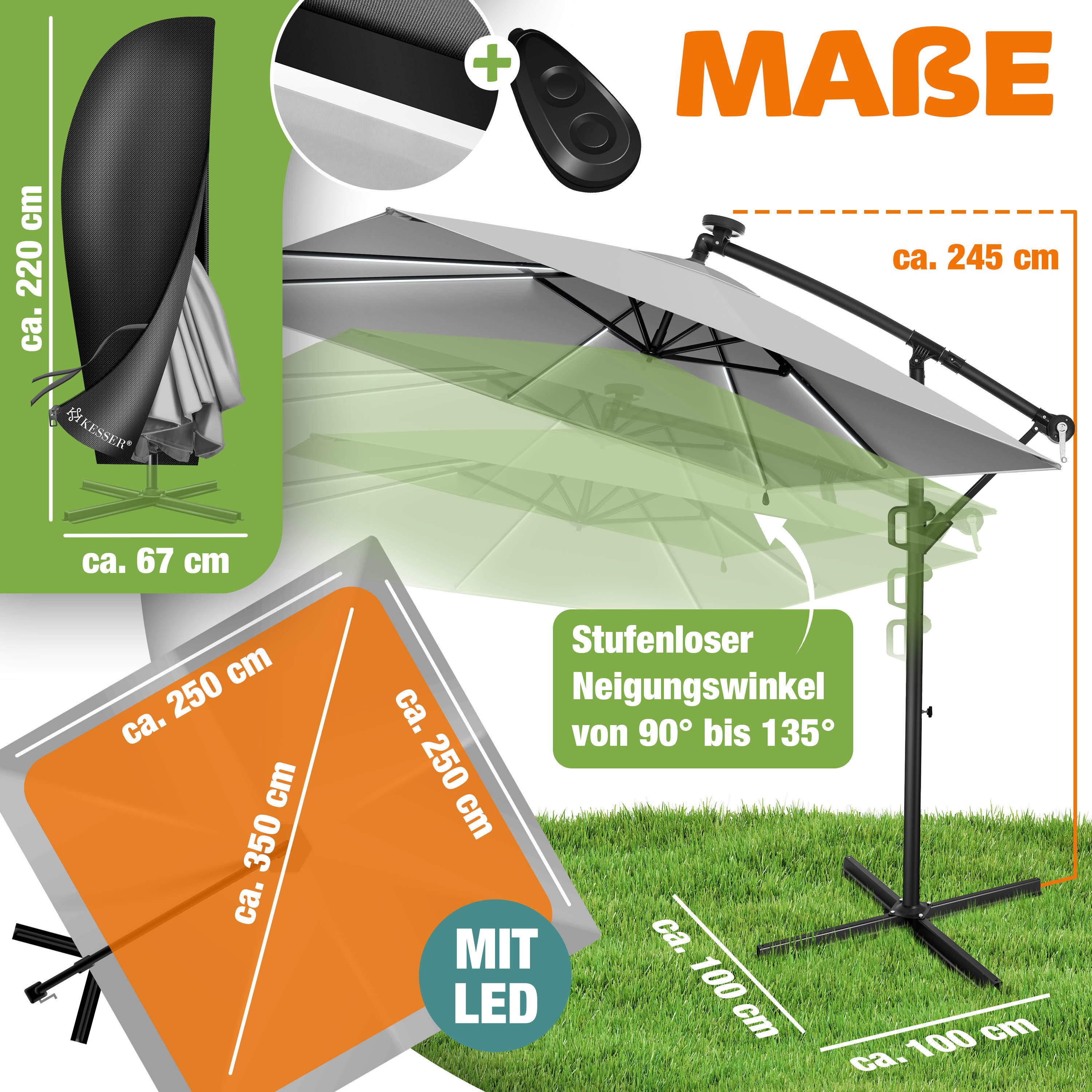 KESSER Ampelschirm, Ø350cm Sonnenschirm inkl. Abdeckung & Wind- & wetterfest