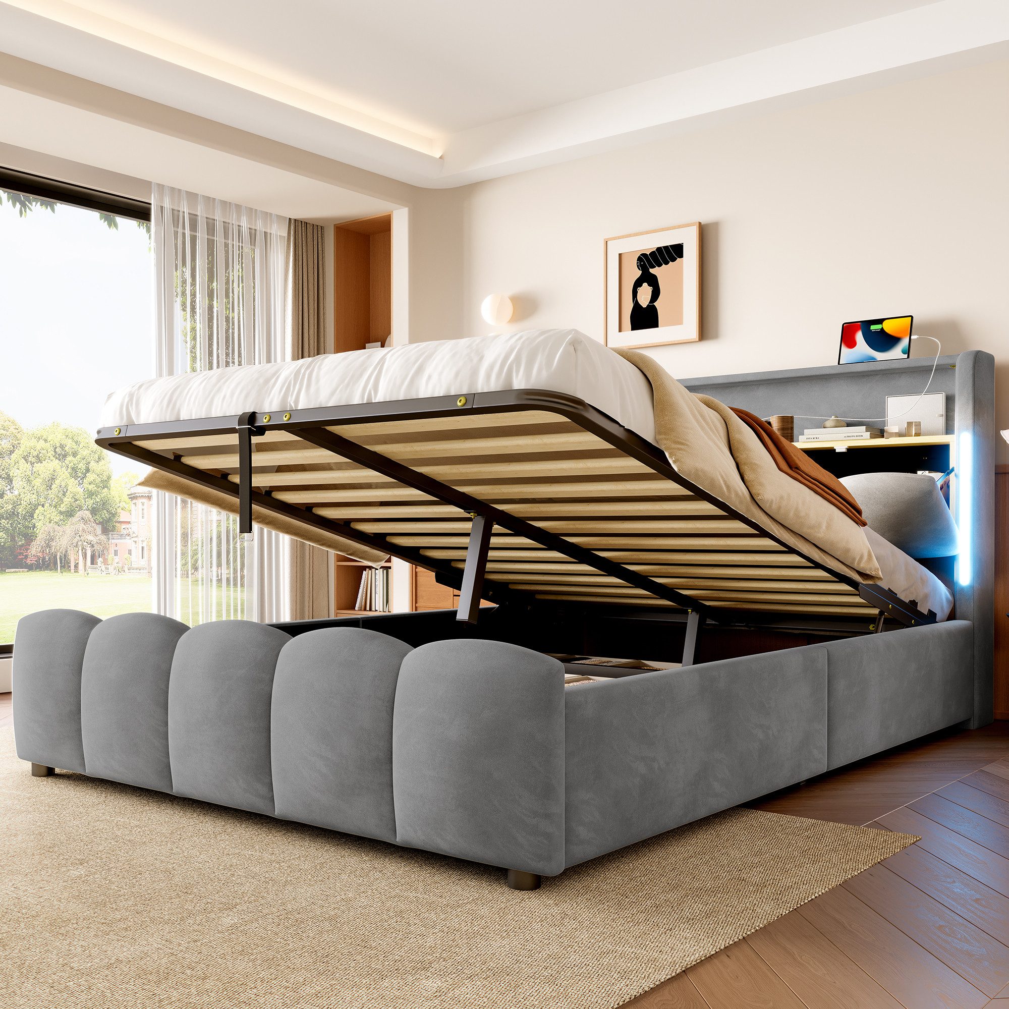 Flieks Polsterbett, Hydraulisches Stauraumbett 140×200cm mit LED-Beleuchtun günstig online kaufen
