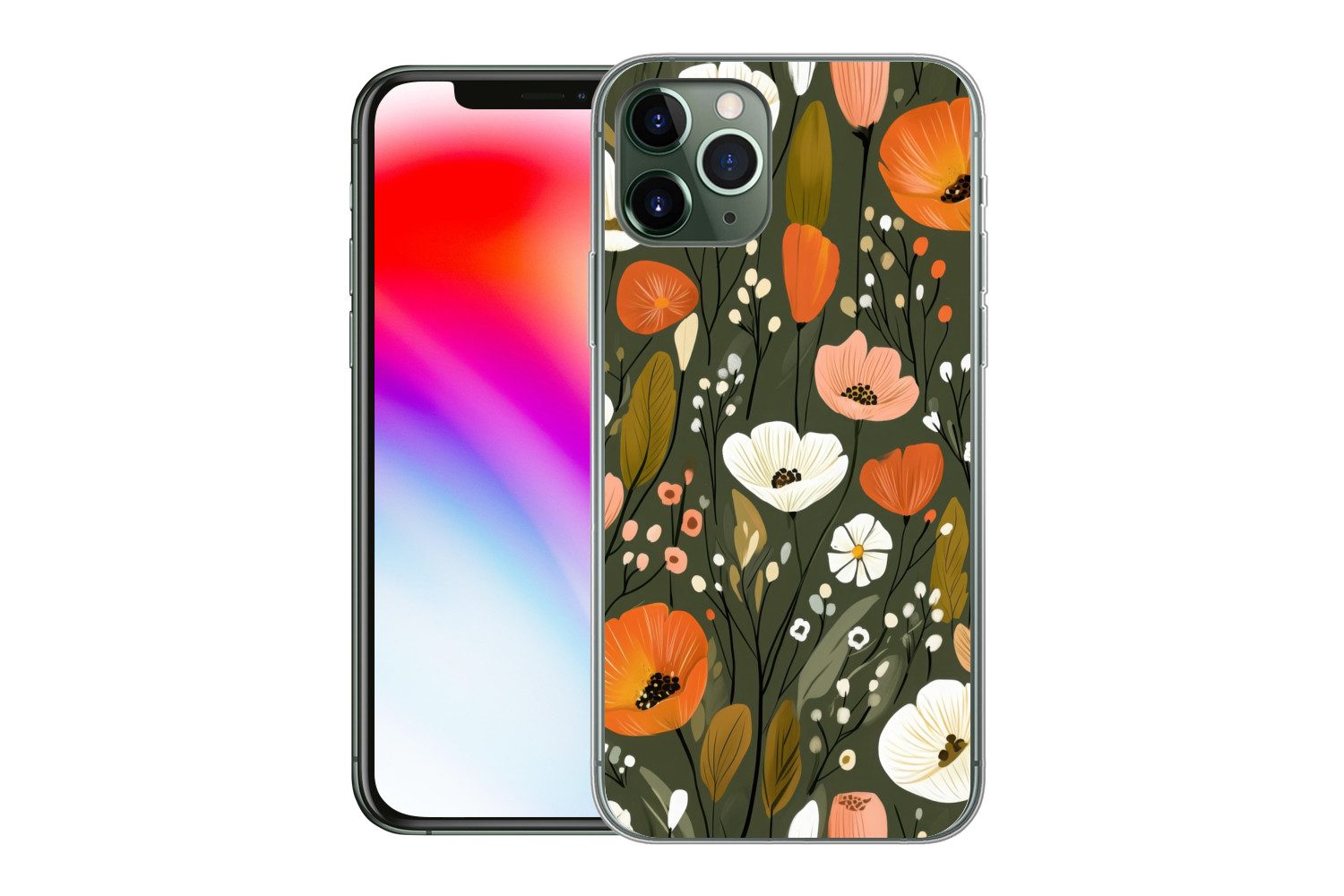 MuchoWow Handyhülle für Apple iPhone 11 Pro Blumen - Illustration - Grün, Smartphone-Bumper, Print, Handy Schutzhülle Dünn