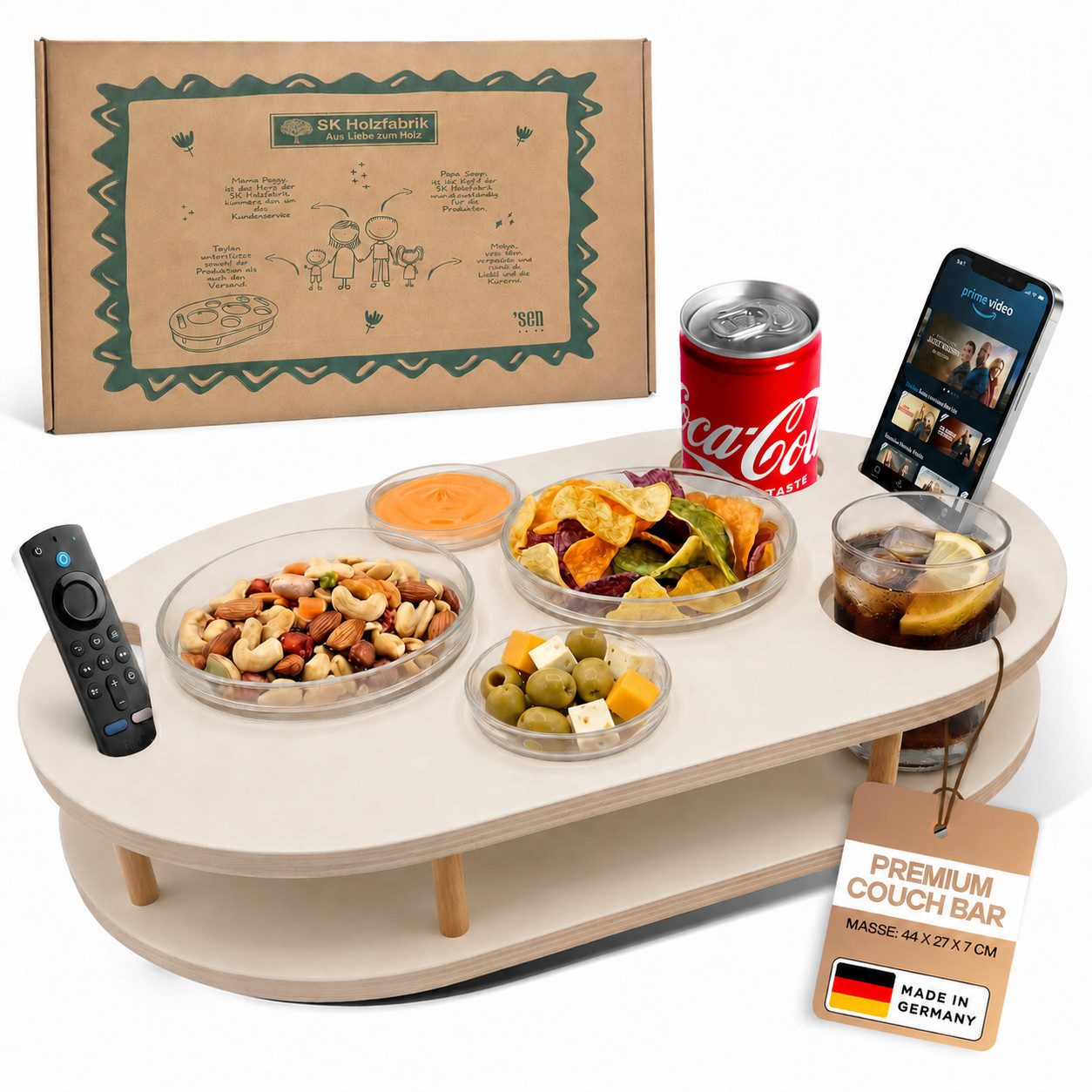 PEGSEN Servierplatte Couchbar Snackbox mit 4 Snackschalen Couch Tablett, Birkenholz, (Set, 5-tlg., 4x Glasschalen), Getränke & Snacks stehen stabil