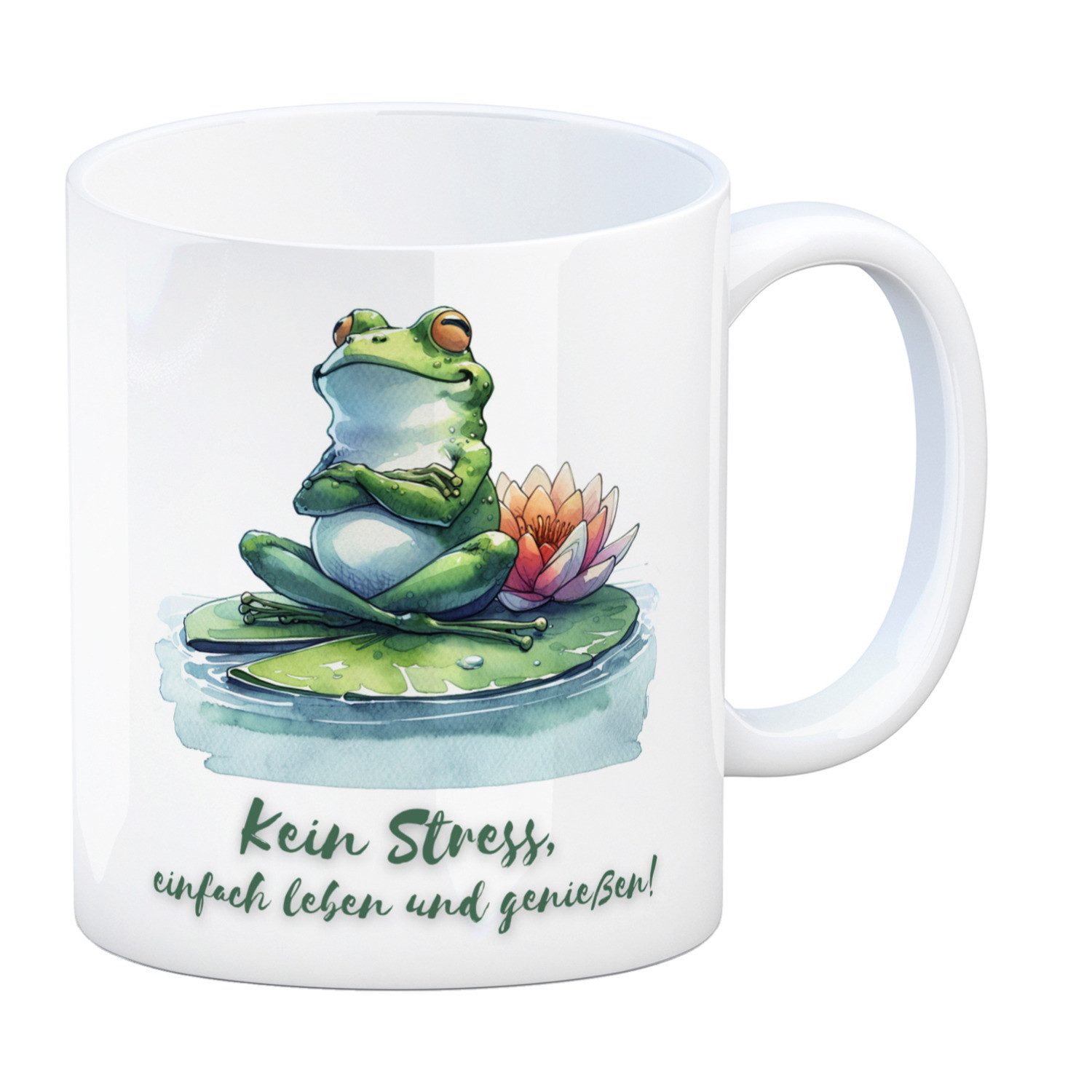 speecheese Tasse Frosch auf Seerose Kaffeebecher mit Spruch Kein Stress einfach leben