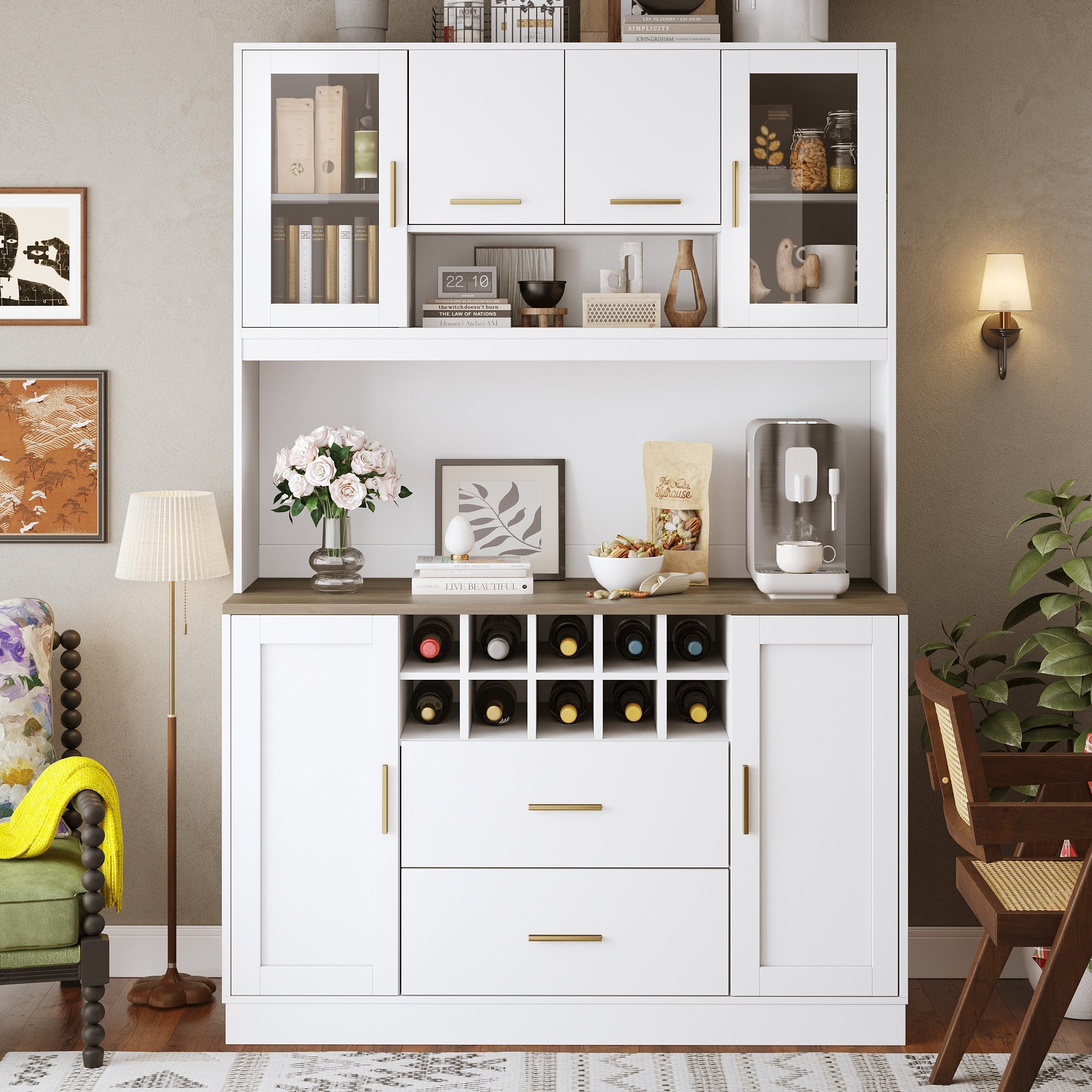 Celya Hochschrank Küchenschrank mit LED-Beleuchtung und Steckdose (Seitenschrank, Aufbewahrungsschrank, mit 6 Türen, 2 große Schubladen) Ideal für Esszimmer, Wohnzimmer und Küche