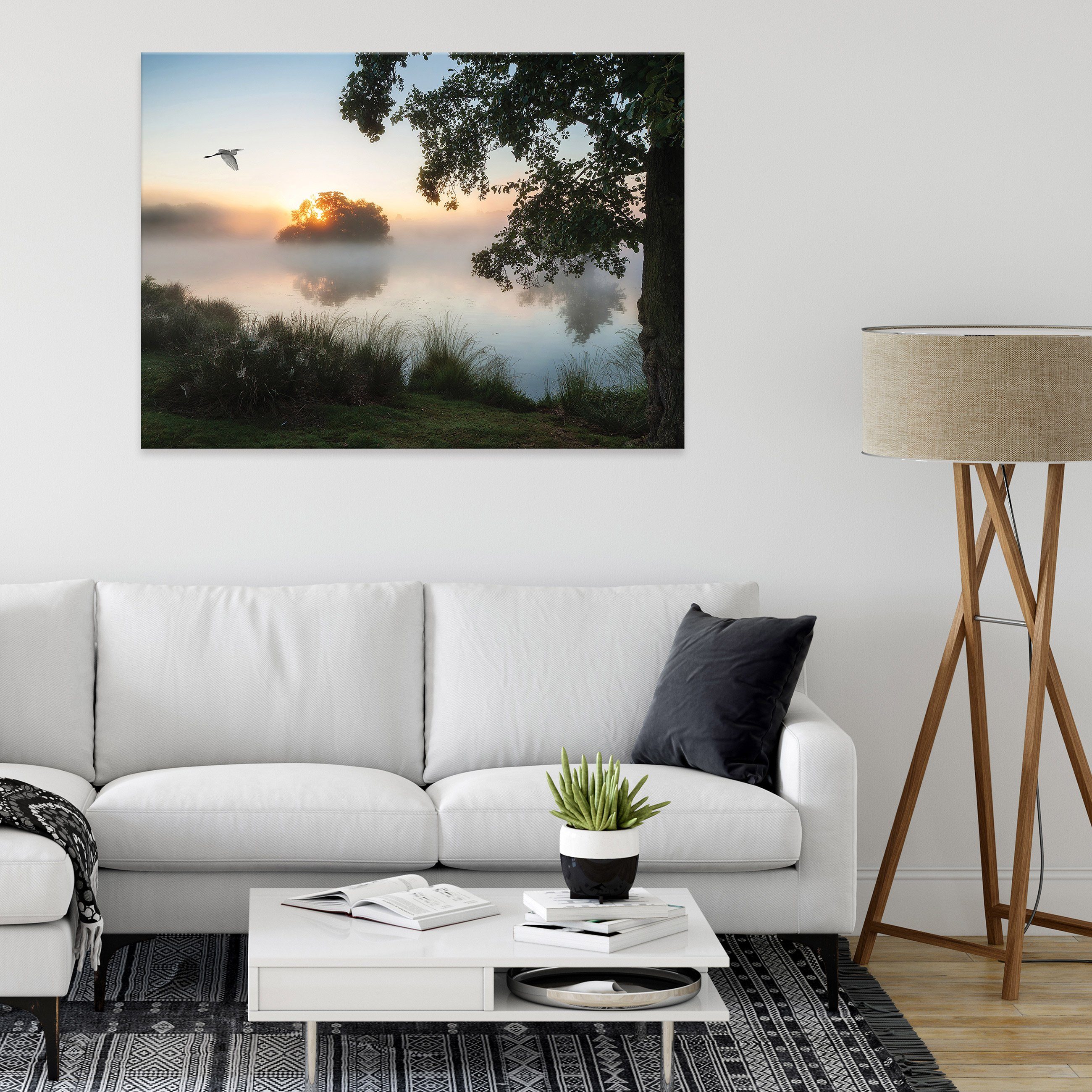 Natur Wallarena Landschaft Leinwandbild Aufhängefertig im See XXL Wandbild Modern, See Leinwandbilder (Einteilig), Nebel Nebel Wald im