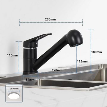 yozhiqu Spültischarmatur Einloch-Küchenarmatur, um 360° drehbar, mit ausziehbarem Auslauf Zwei Wasserströme: Brause/Strahl, langlebiger, abnehmbarer Sprudler