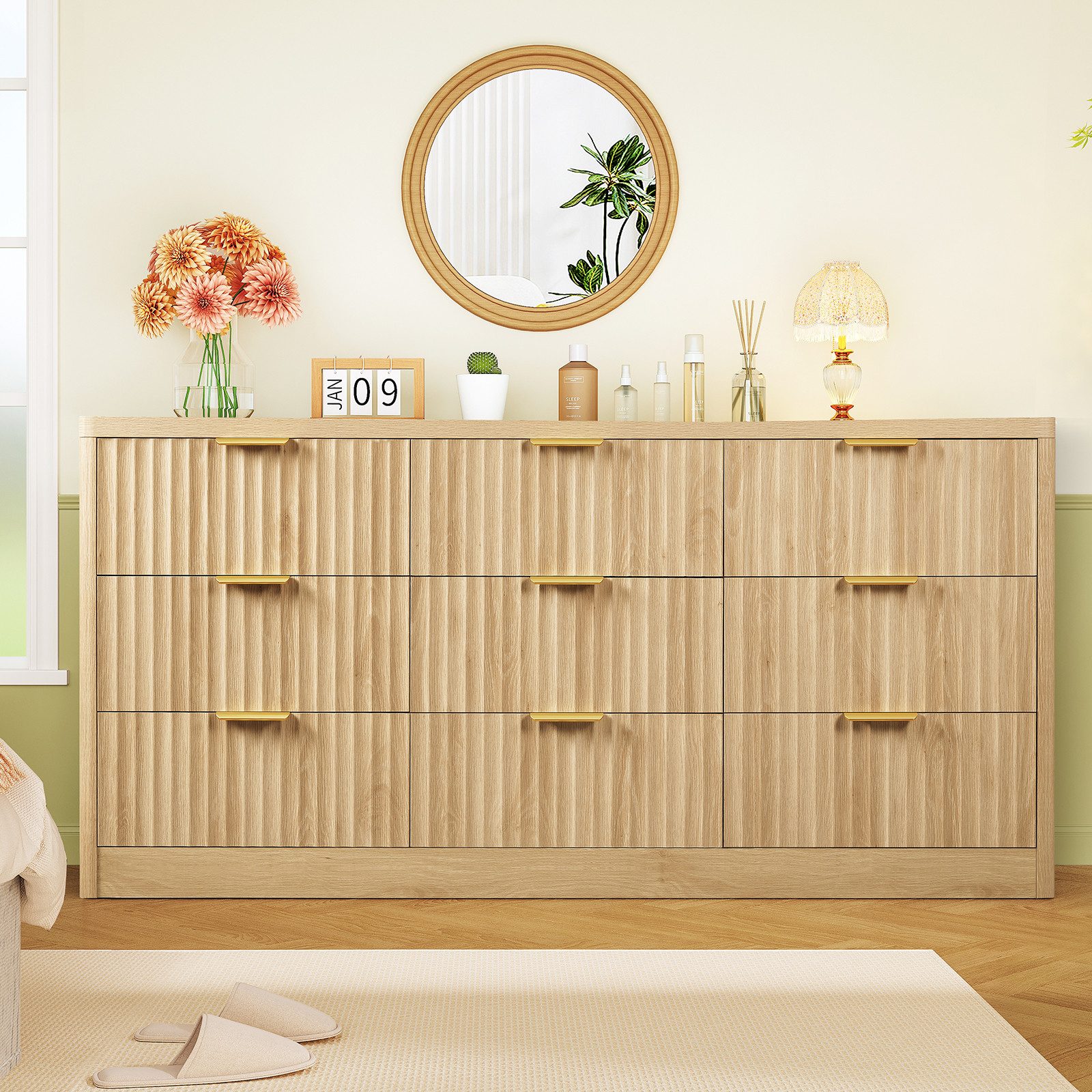 TEENFON Kommode mit Schubladen, vertikalen Rillen und Metallgriffen – Naturholzfurnier (1 St)