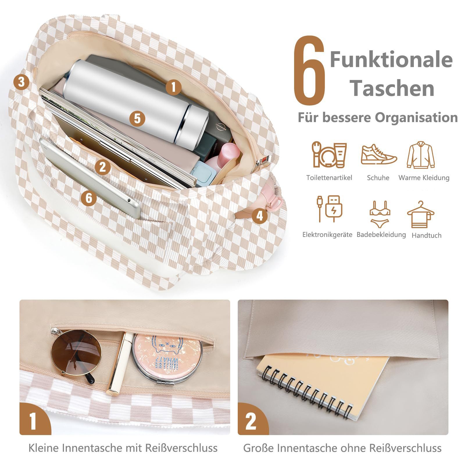 nsihing Umhängetasche Cord Tasche Damen, Groß Tote Bag Strandtasche mit Reißverschluss, Shopper Tasche, Elegant Handtasche für Arbeit Schule Gym – Bild 5 von 5