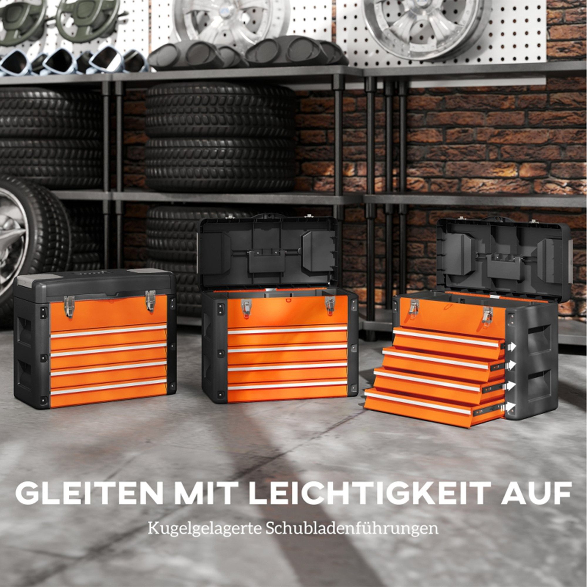 MC Star Werkzeugbox Werkzeugkiste leer, 49,7 x 25,3 x 40,7 cm Werkzeugkasten (Mini-Box, oberes Staufach, Handgriff, Werkzeugkoffer aus Stahl, Orange)