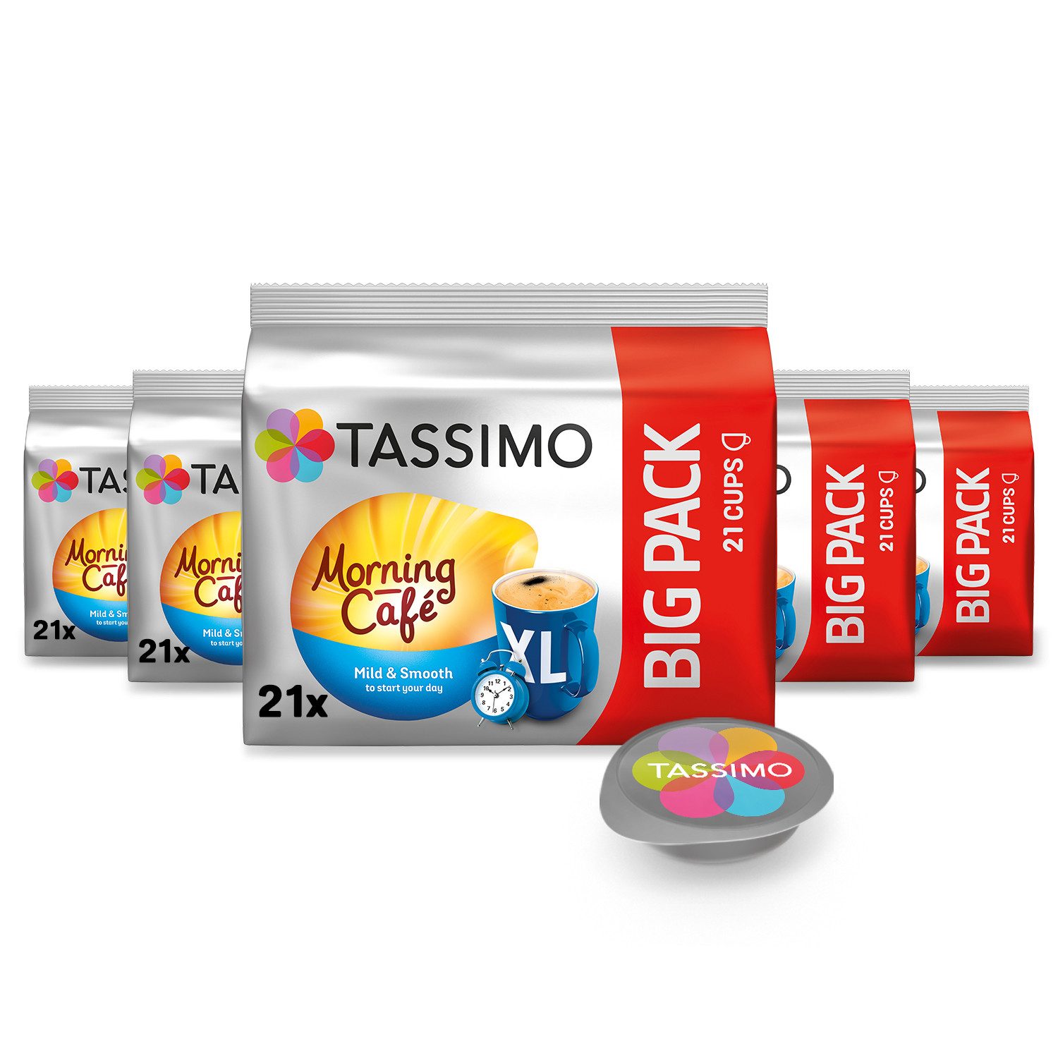 TASSIMO Kaffee Kapseln Morning Café XL Mild&Smooth T Discs 5x21 Getränke, (Packung, 5er Pack)