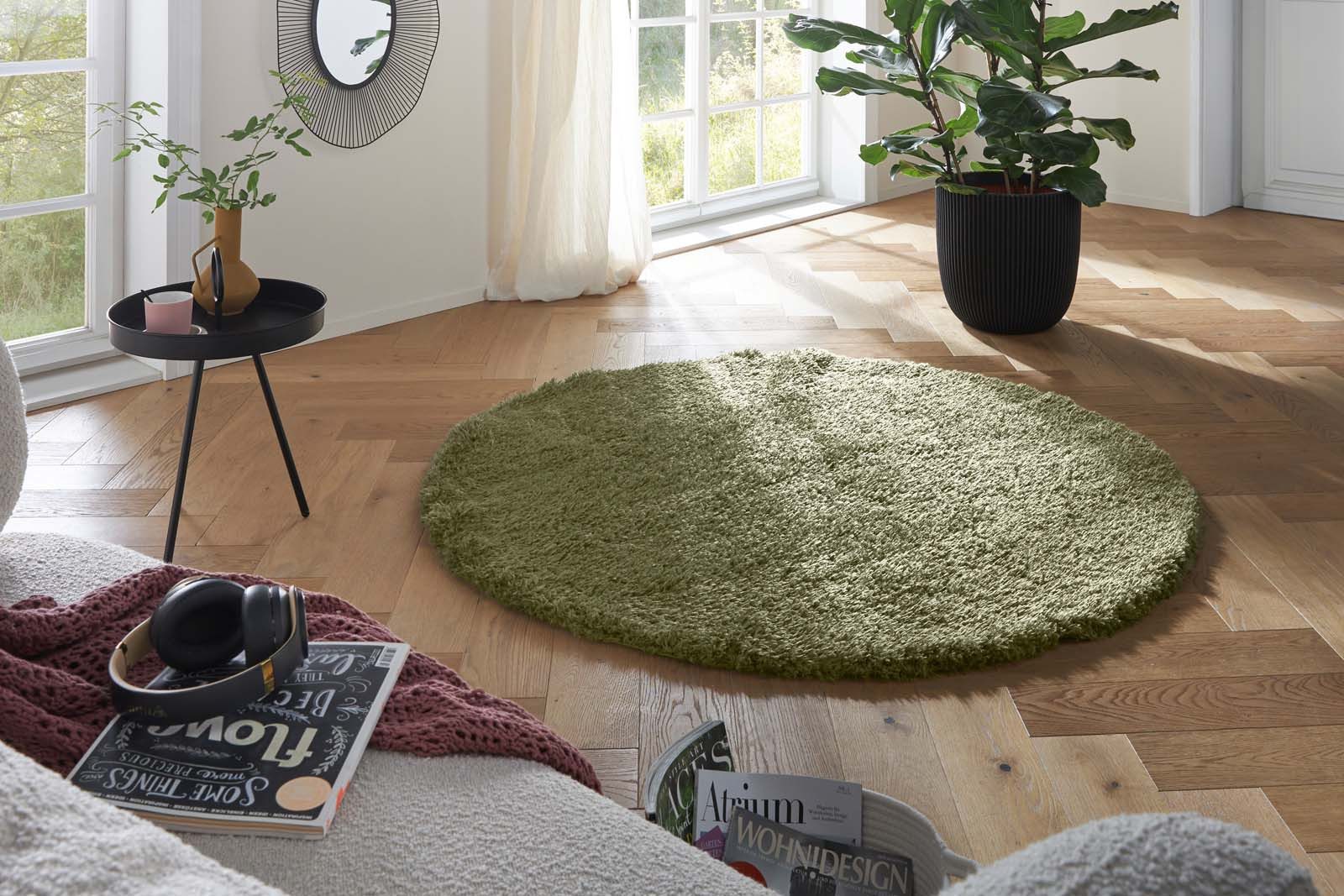 TaCa Home Flokati-Teppich Flokati Langflorteppich Shaggy Gruen – Hochflor 52 mm, rund, Höhe: 52 mm, Wohnzimmer Schlafzimmer Esszimmer, grün - 200 x 200 cm