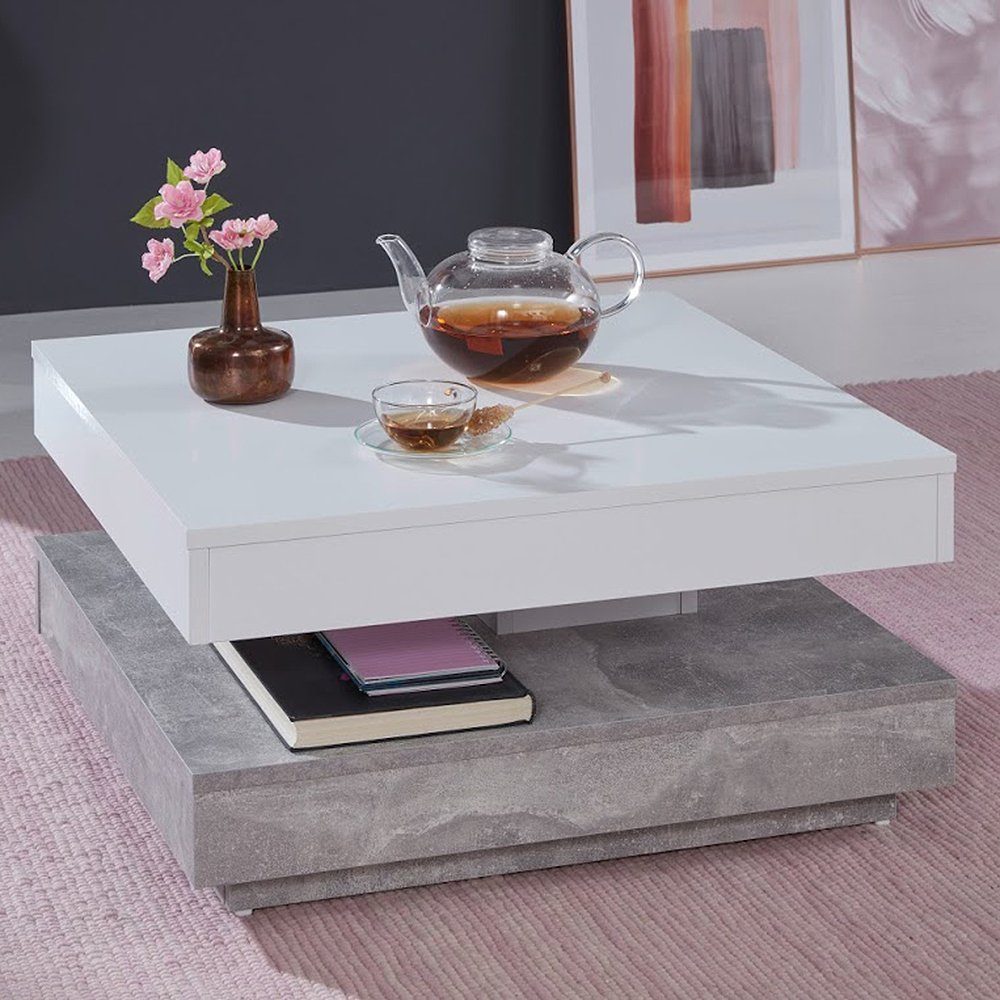 trendteam Couchtisch, Wohnzimmertisch Sofatisch Beistelltisch drehbar Beton/Weiß 70x70x35