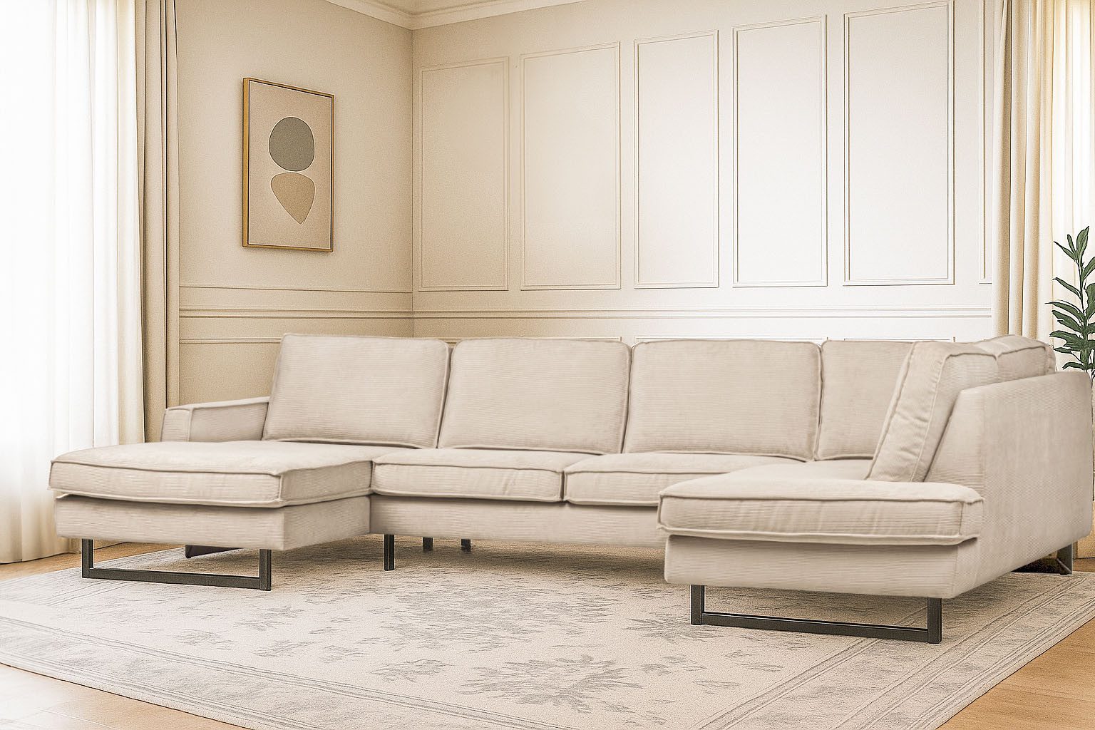 Home affaire Wohnlandschaft Pinto, 350 cm, U-Form, XXL, mit Ottomanen, Cord, Chenille, Lederoptik, mit Keder, Metallfüße, Wellenunterfederung