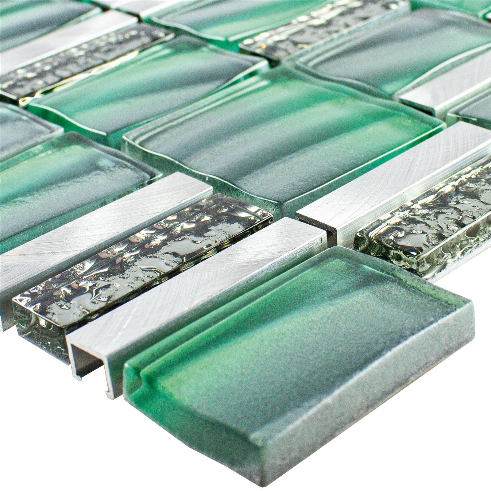 Mosafil Mosaikfliesen Glas Metall Mosaikfliesen Union, Glas-Aluminium 29.700x29.500, silber-grün, Verlegefertig auf ein Netz geklebt
