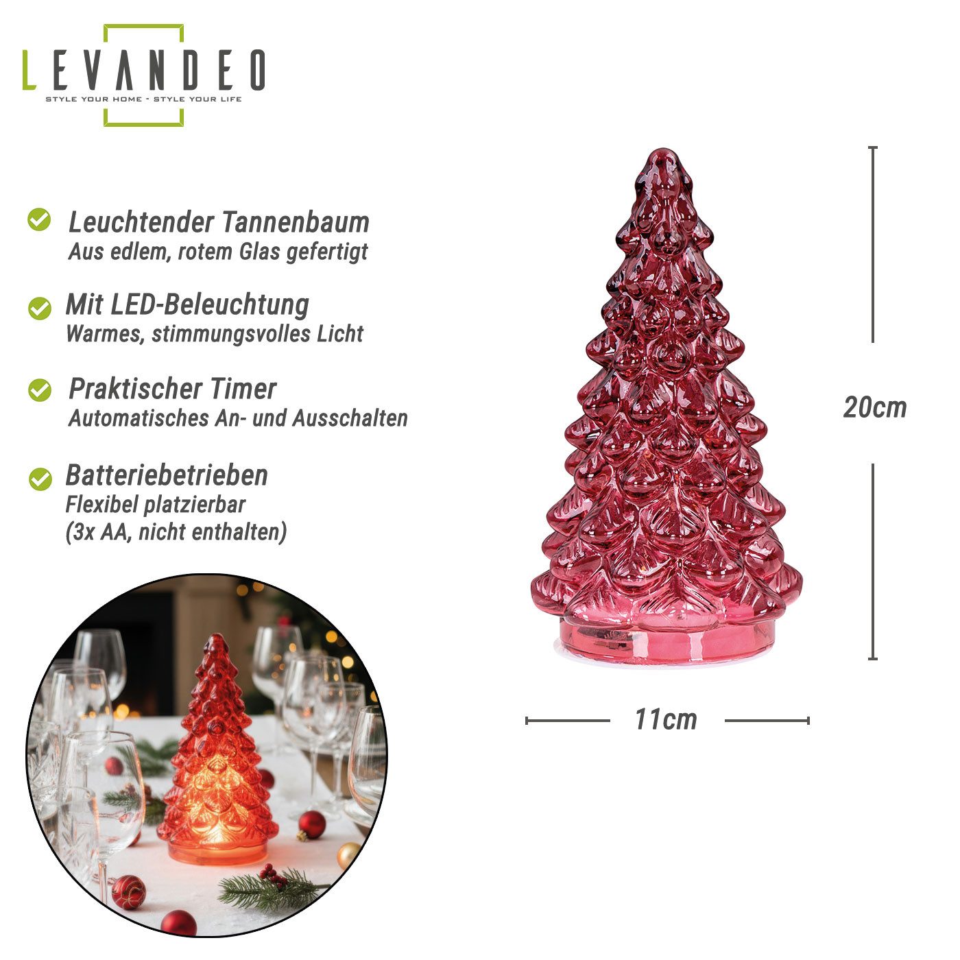 Levandeo® LED Dekoobjekt, LED Weihnachtsbaum Rot H20cm Glas Weihnachtsdeko günstig online kaufen