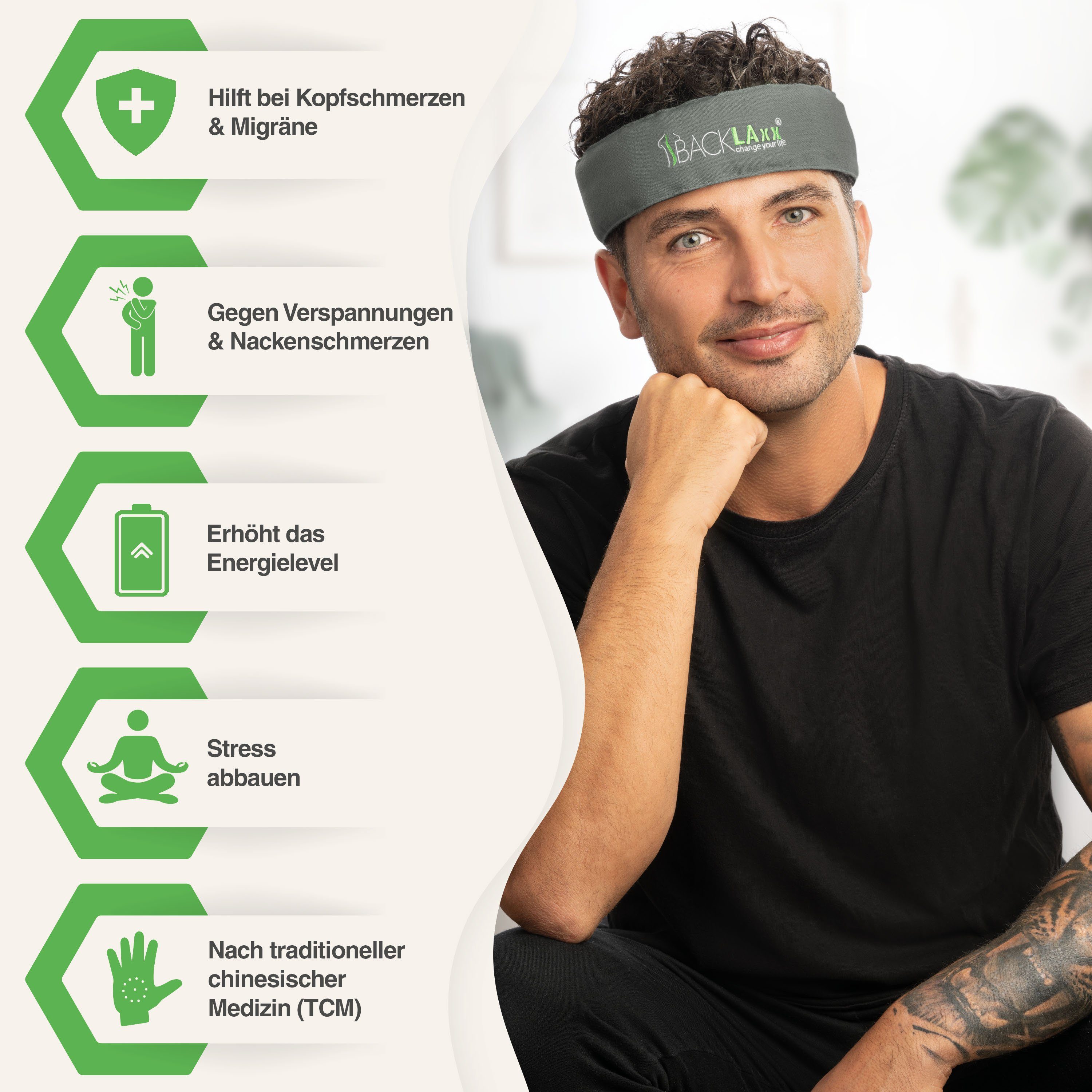 BACKLAxx® Massagegerät Akupressur Stirnband, Kopfband, Kopfmassagegerät mit Tasche zur Kopfmassage, Intensitätsregulierung durch Klettverschluss – Bild 2 von 5