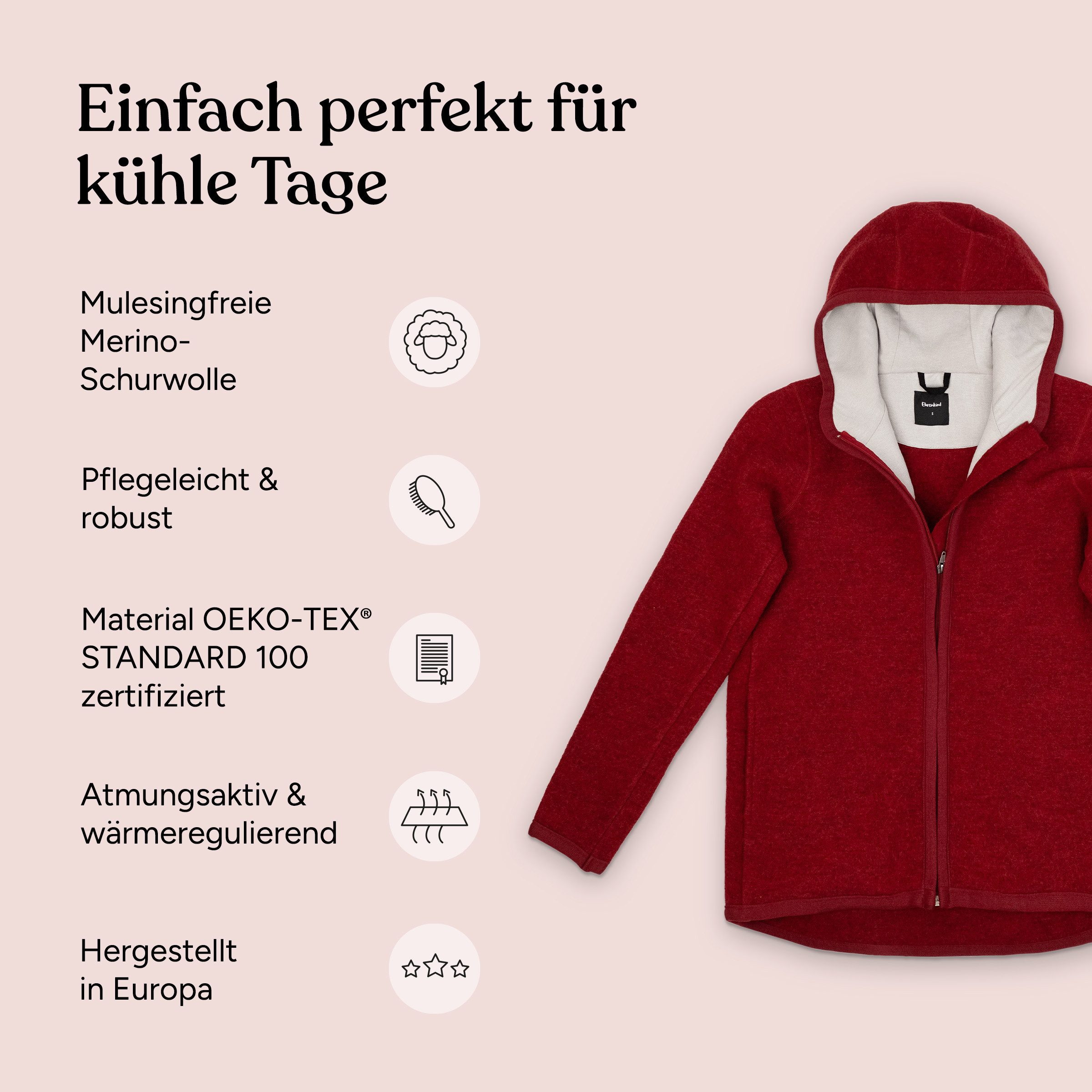 Ehrenkind Walkjacke Damen-Walkjacke aus Merino-Schurwolle mit Kapuze Atmungsaktiver Wollwalk aus reiner Merino-Schurwolle – Bild 3 von 5