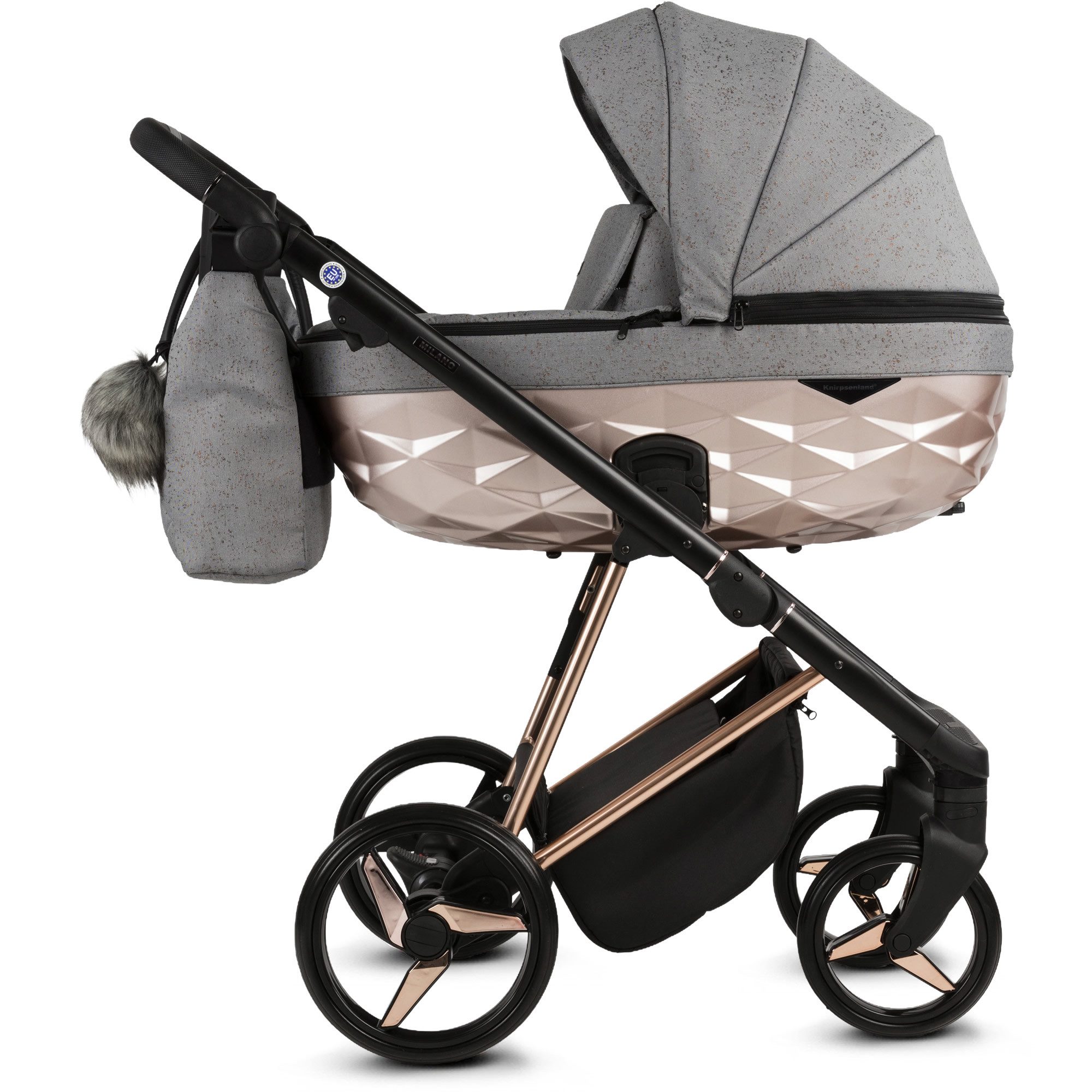 Knirpsenland Kombi-Kinderwagen Milano 2in1 Luxus 3D Wanne, Sportsitz, Wickeltasche, viel Zubehör, (Spar-Set), hohe Sicherheit durch One-Klick System der Kinderwagenaufsätze