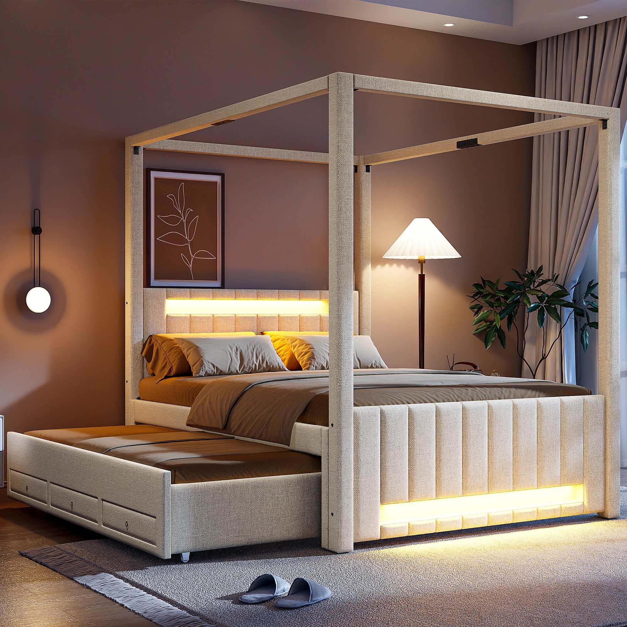 Flieks Polsterbett, Himmelbett 140x200cm mit Ausziehbett 90x190cm 3 Schubladen LED-Leiste