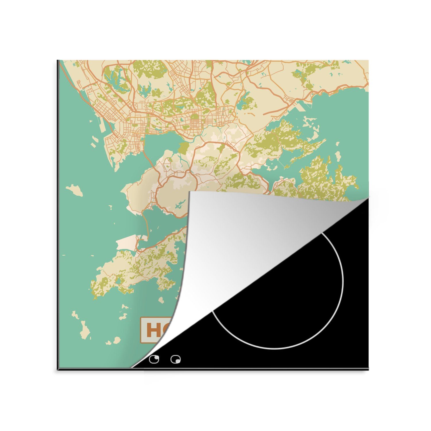 MuchoWow Herdblende-/Abdeckplatte Karte - Hongkong - Stadtplan - Vintage - Karte, Vinyl, (1 tlg), 78x78 cm, Ceranfeldabdeckung, Arbeitsplatte für küche