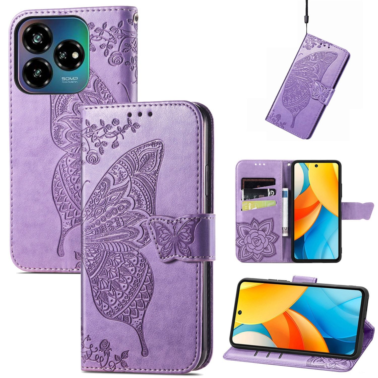 Wigento Smartphone-Hülle Für ZTE Blade V60 Vita / Axon 60 Lite Kunstleder Wallet Hülle H- Lila, Kunst-Leder Schutzhülle Smart Case Cover magnetischer Verschluss