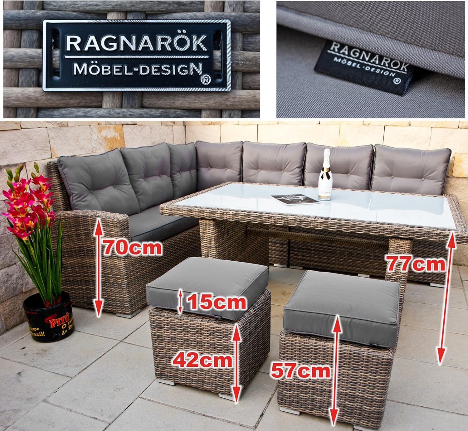 Ragnarök Möbel-Design Gartenlounge-Set Dining Lounge Wieland L, (Set, Ecksofa + Tisch + Hocker, Polyrattan, inkl. aller Polster), Rostfrei, mit Staufächern, 10 Jahre Garantie, wird montiert geliefert