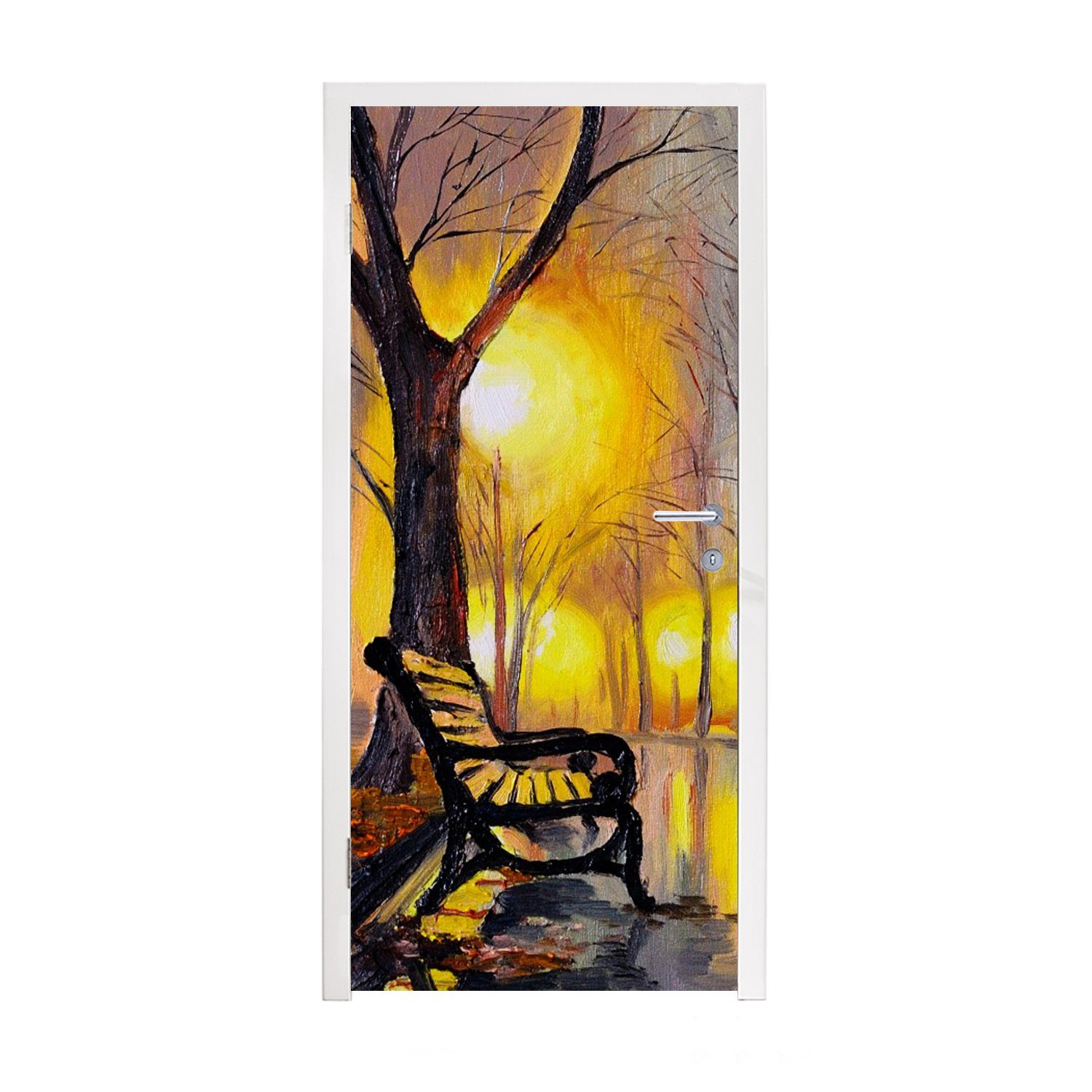 MuchoWow Türtapete Malerei - Bank - Wasser - Licht - Öl, Matt, bedruckt, (1 St), Fototapete für Tür, Türaufkleber, 75x205 cm