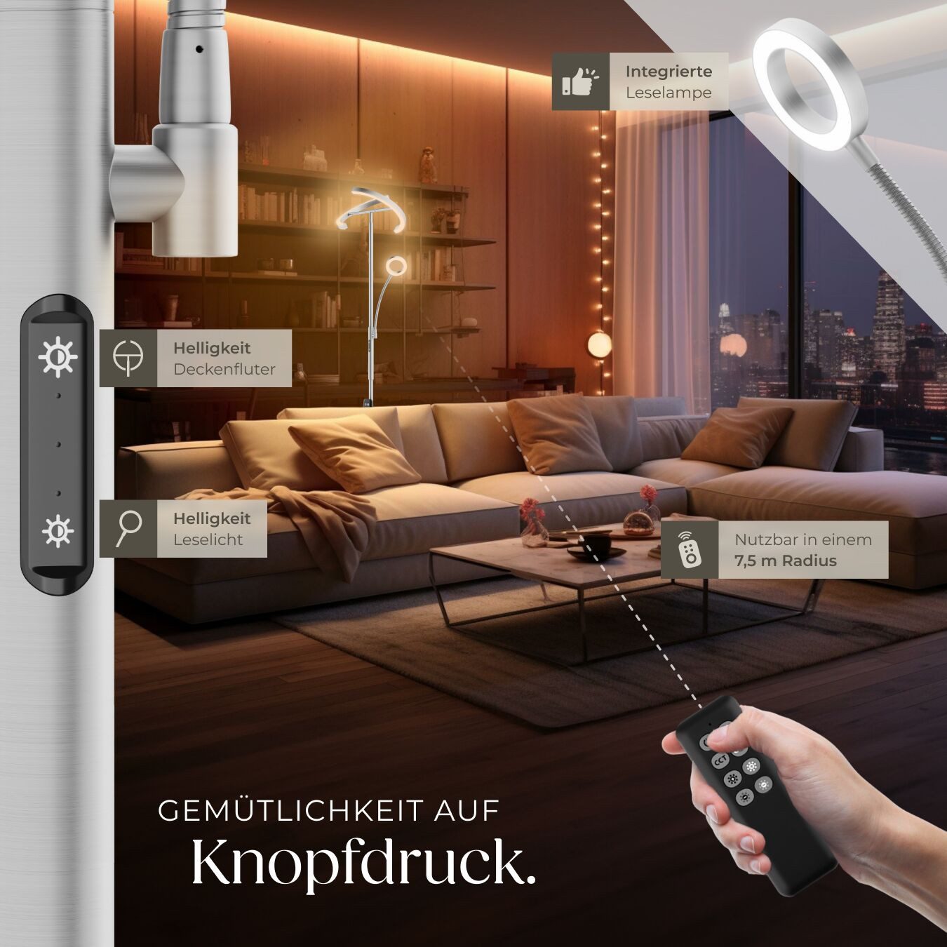 tectake Stehlampe Leselampe, 31,5 x 188 cm, LED, 20 W, inklusive Leselicht 7 W, LED, variable Farbtemperatur, bewegliche LED-Bögen und Schwanenhals