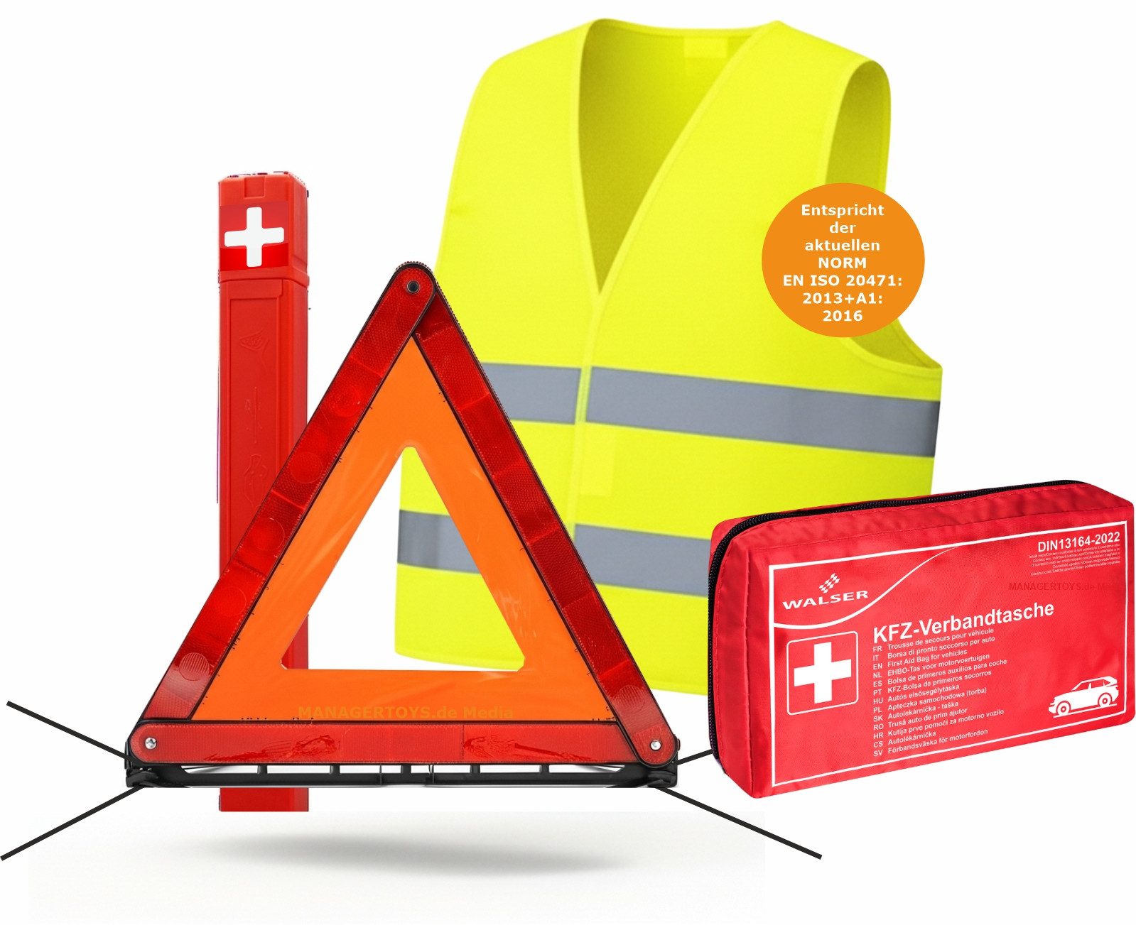 WALSER Erste-Hilfe-Set Verbandszeug Notfall Pannen Set Warnweste Warndreieck
